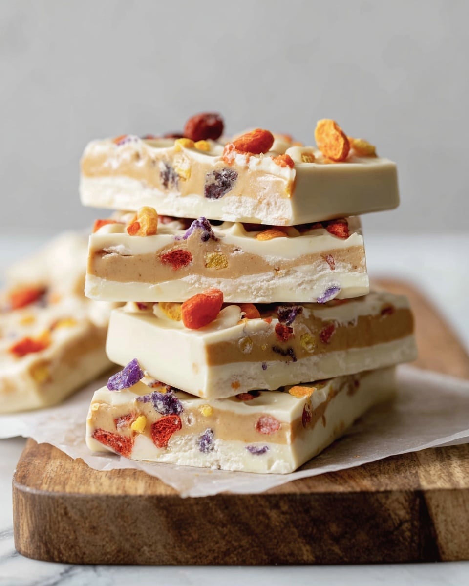 The image shows a stack of four pieces of a white chocolate bark with multiple thick layers. The base layer is solid smooth white chocolate, topped with a creamy peanut butter layer that looks slightly thick and textured. Above the peanut butter layer is another thin layer of white chocolate which is scattered with small colorful dried fruit pieces, mostly red, orange, purple, and yellow. The bark pieces are stacked unevenly on top of each other on a piece of parchment resting on a rough wooden board, all set against a white marbled surface. The photo is taken with an iphone --ar 4:5 --v 7