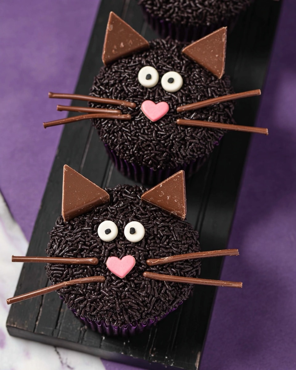 Three round chocolate cupcakes are decorated to look like cat faces, each covered fully with dark chocolate sprinkles. Each cupcake has two small triangular pieces of milk chocolate placed on top as ears, positioned symmetrically near the top edge. Two large white candy eyes with black pupils sit below the ears, giving a wide-eyed look. Pink heart-shaped candy pieces serve as the noses, placed just below the eyes. Four long thin chocolate sticks are arranged around the pink nose on each cupcake, two on each side, representing whiskers. The cupcakes are set on a black wooden tray with a purple background, all on a white marbled surface. Photo taken with an iphone --ar 4:5 --v 7