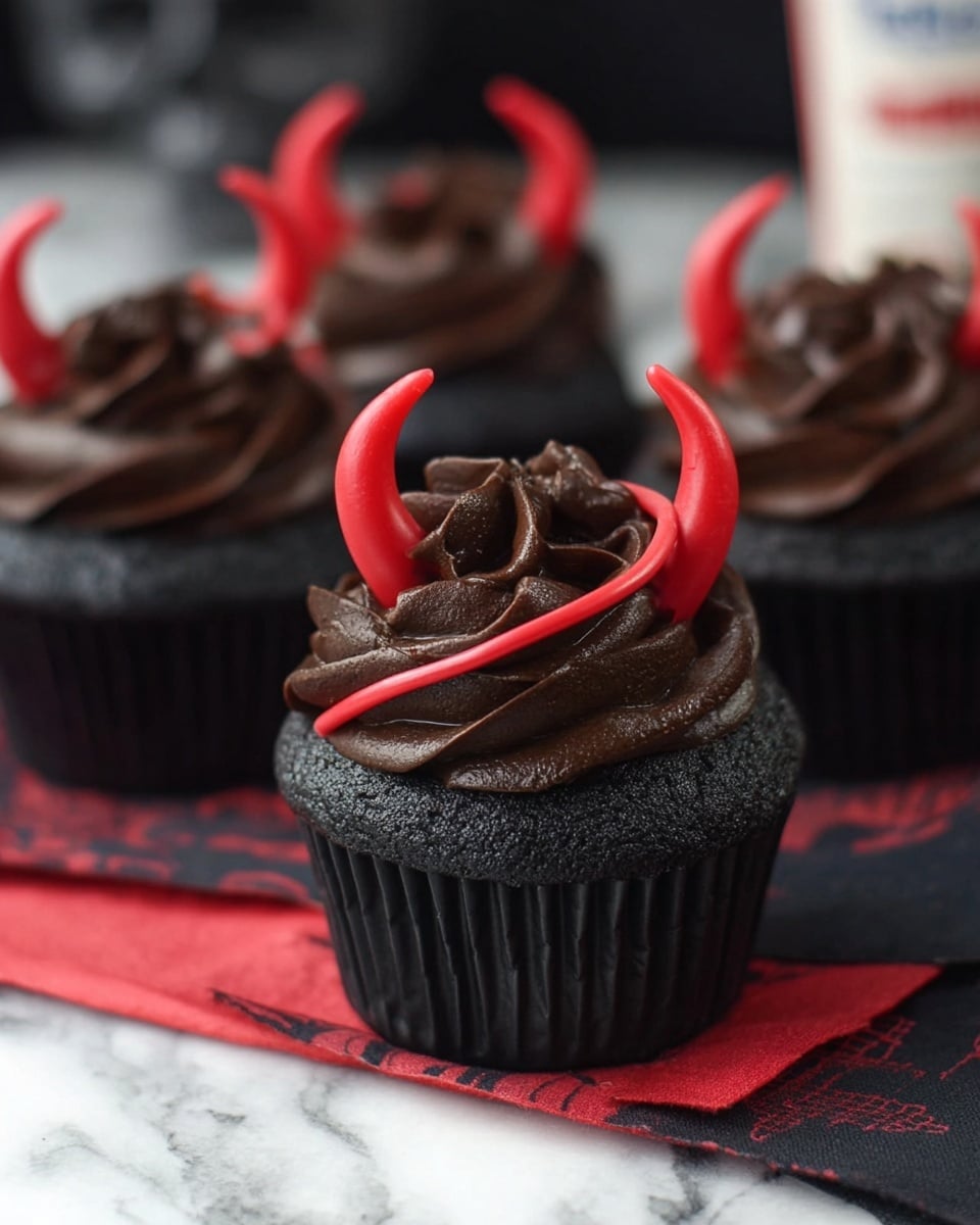 A close-up view of a single dark chocolate cupcake with rich, thick black frosting twisted in swirls on top. The cupcake has three small, bright red horns made from smooth fondant evenly placed on the frosting, giving it a playful devil-like look. One horn is positioned in the center front, curving up, and two are placed further back on each side. The cupcake's paper wrapper is dark and slightly crinkled. The cupcake is partially eaten, showing moist chocolate cake inside. The background shows another cupcake slightly out of focus on rich red fabric, all set on a white marbled surface. photo taken with an iphone --ar 4:5 --v 7
