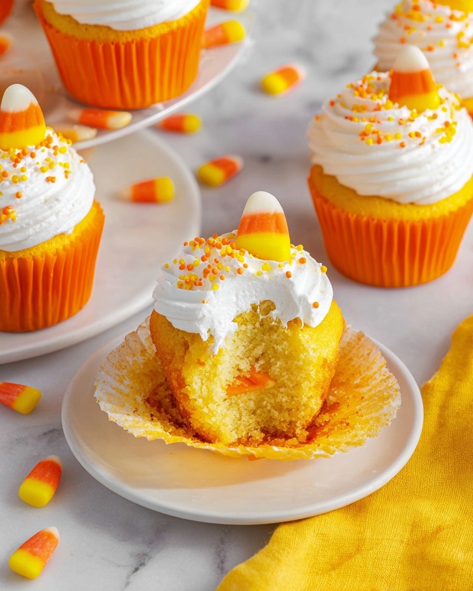 The image shows a white plate filled with bright orange cupcakes each topped with a swirl of white frosting. On top of each frosting swirl is an orange, yellow, and white candy piece shaped like candy corn. Small orange and yellow round sprinkles are scattered over the frosting, adding texture and color contrast. The cupcakes have a soft, spongy texture with ridged white paper liners. The background features a white marbled surface with a blurred white bowl filled with more candy corn visible in the distance. photo taken with an iphone --ar 4:5 --v 7