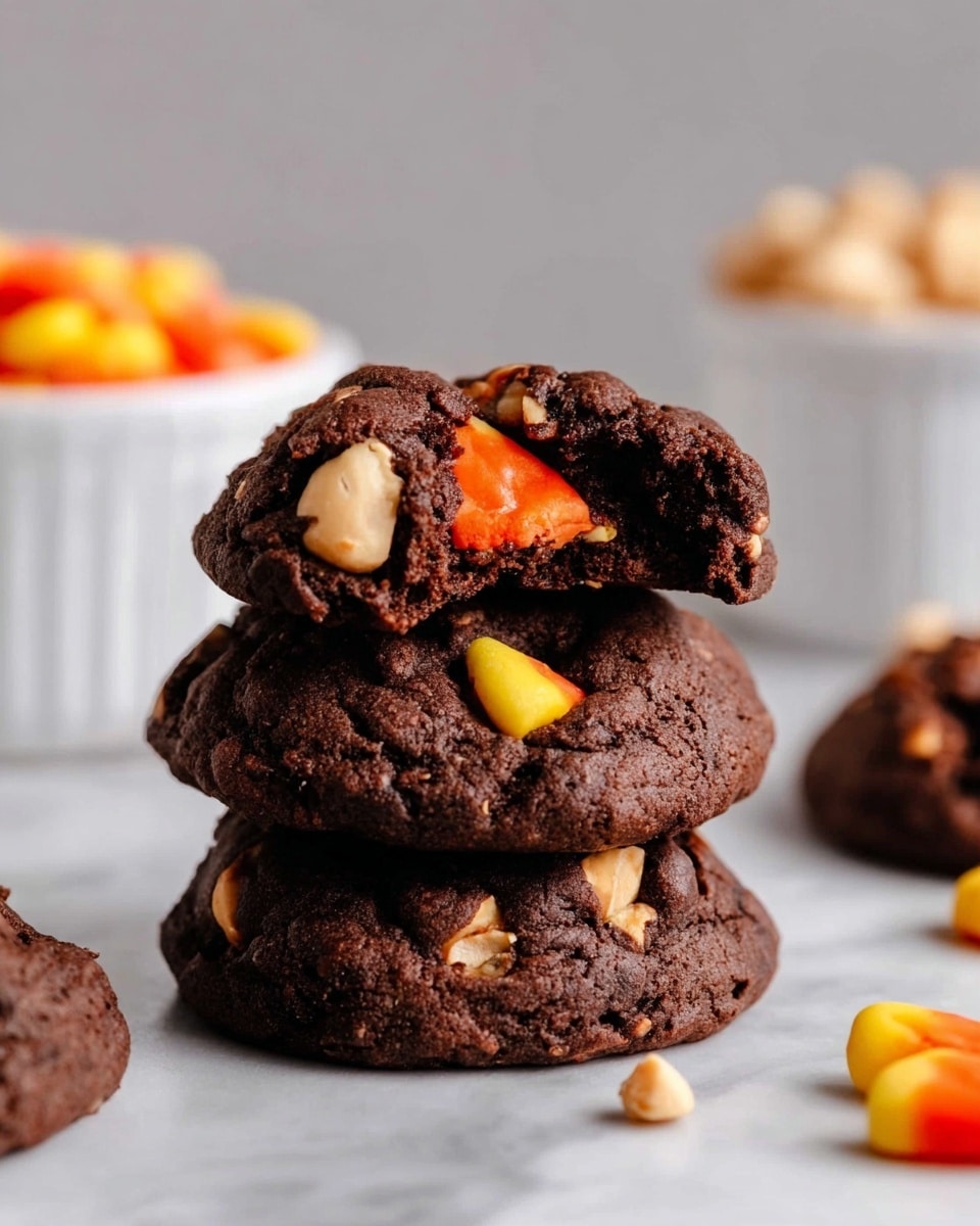 A stack of three dark brown chocolate cookies sits on a white marbled surface, each cookie thick and textured with visible bits of nuts inside. The top cookie has a small bite taken out of it, showing a soft, moist interior, and it features a piece of orange, yellow, and white candy corn partially pressed into its top. The cookies have a rough, slightly cracked surface, and in the background, blurred white bowls can be seen, one filled with candy corn and the other with light-colored nuts. photo taken with an iphone --ar 4:5 --v 7