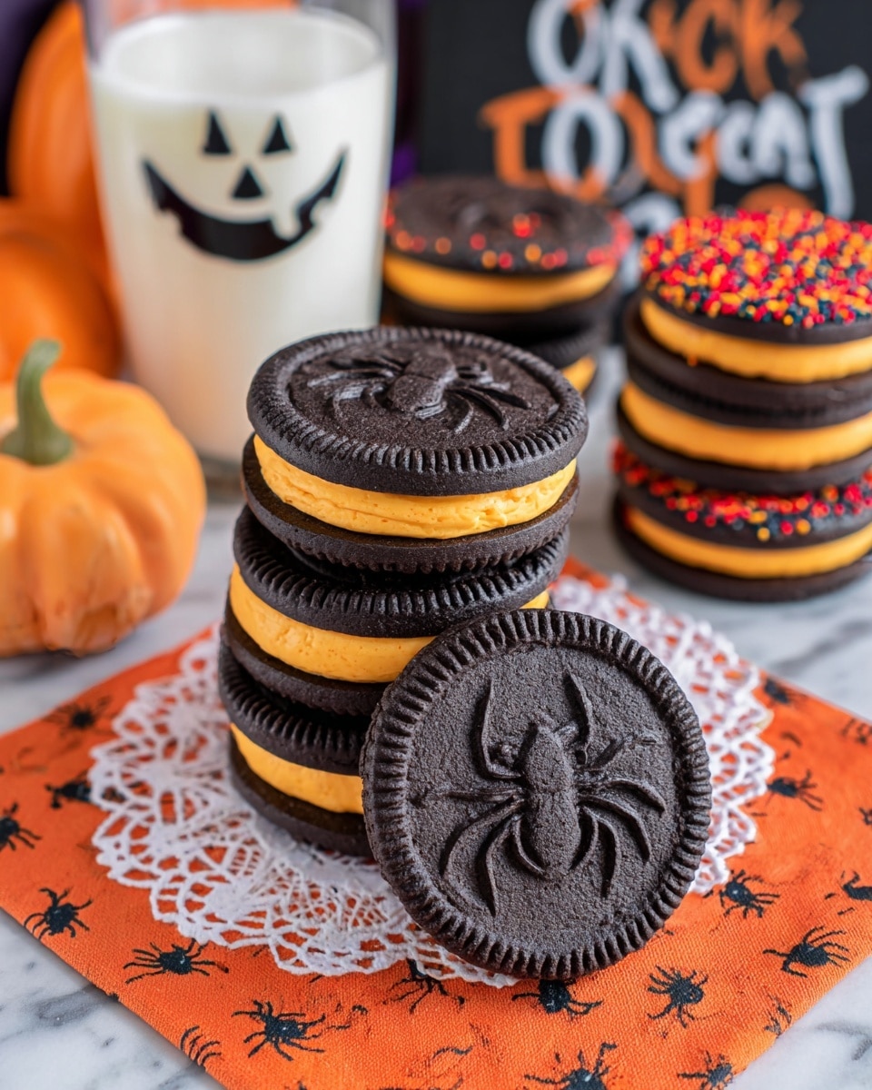 The image shows several black sandwich cookies with three layers: two dark black cookie layers embossed with jack-o'-lantern faces and one thick orange cream layer in the middle. Some cookies have small red, yellow, and black sprinkles decorating the edges of the orange cream. The cookies are stacked on top of each other and placed on a white doily over an orange and black Halloween-themed cloth. The background includes a white marbled surface with Halloween decorations like a small black pumpkin, a white cup with a black jack-o'-lantern face, and a sign with the words