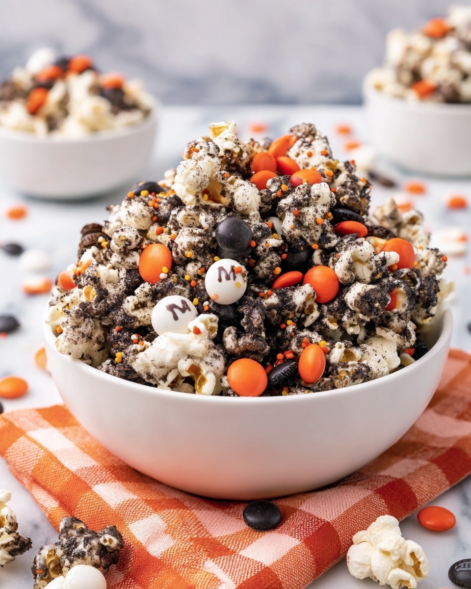 A white bowl filled with popcorn coated in a dark crumbly topping, mixed with bright orange and black candy-coated chocolate pieces, as well as a few white ones with a tiny letter marking; the popcorn is irregularly shaped with both coated and plain fluffy white pieces visible, garnished with small round white and black sprinkles and tiny orange sprinkles scattered throughout; the bowl sits on a folded orange and white checked cloth atop a white marbled surface, with parts of the popcorn mix overflowing slightly over the bowl’s edge, and blurred smaller white bowls and scattered pieces in the background; photo taken with an iphone --ar 4:5 --v 7