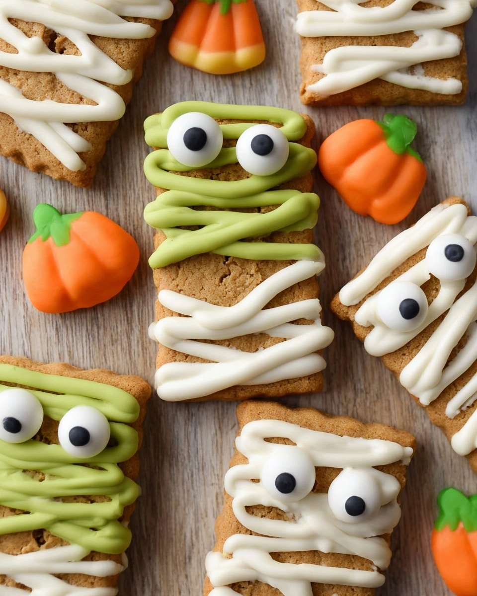 The image shows several rectangular light brown cookies decorated like Halloween mummies and monsters. Each cookie has a base layer of the cookie, followed by thick lines of either white or green icing forming wavy stripes across the top half to look like mummy wrappings. Two large round white candy eyes with black centers are placed on each cookie under the icing lines. Small orange pumpkin-shaped candies with green tops are scattered around the cookies. The cookies are placed on a wooden surface but change it to a white marbled texture. photo taken with an iphone --ar 4:5 --v 7