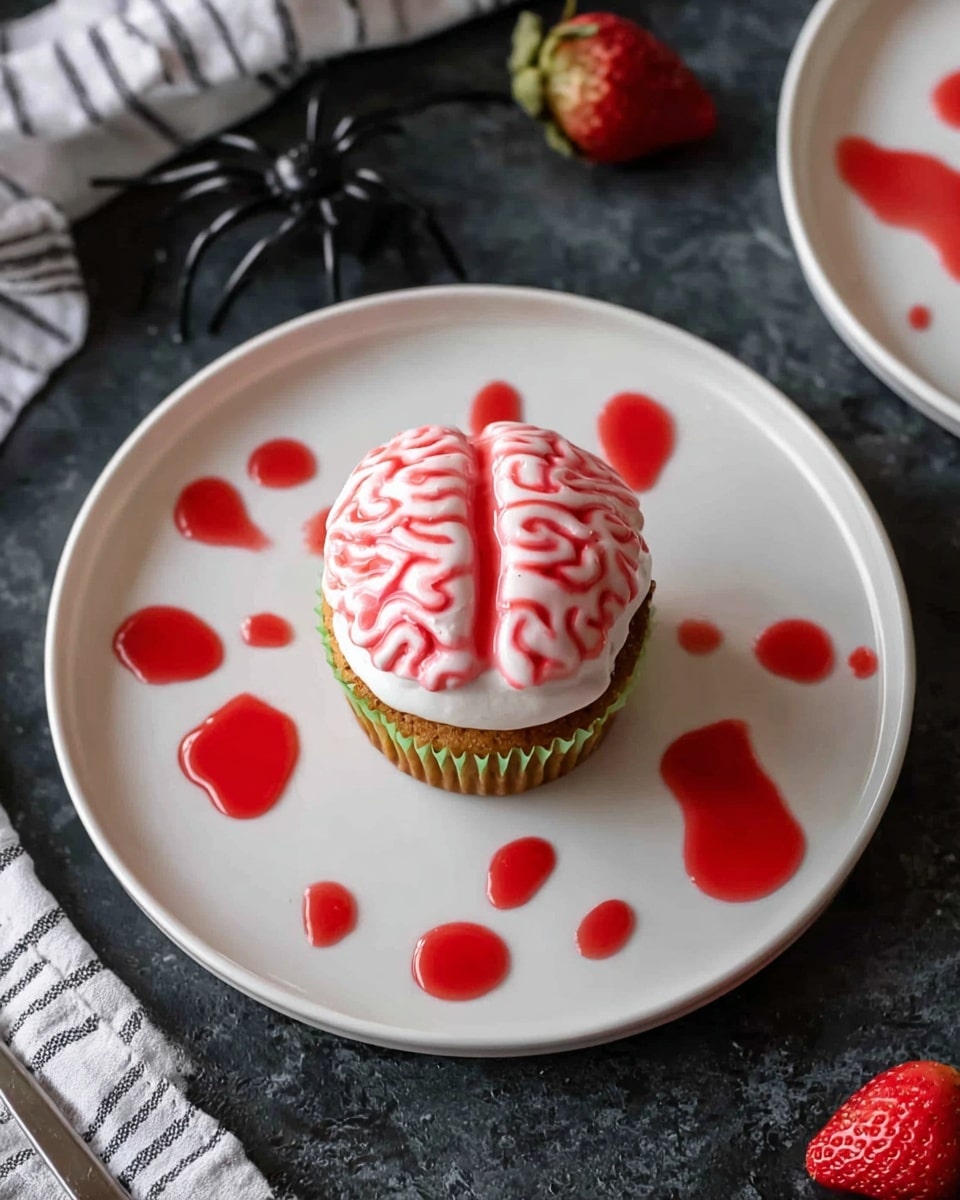 On a white plate sitting on a white marbled surface, there is a pink brain-shaped cake with white icing shaped like brain folds on top. The cake has a bite taken out from one side, showing a light pink inside. Surrounding the cake is a red syrup, splattered and pooled unevenly around the plate, giving a messy effect. In the background to the left, a red strawberry is partially visible, and a white plate with red round spots is seen at the top right corner. A small black plastic spider is placed near the bottom right of the plate. Photo taken with an iphone --ar 4:5 --v 7