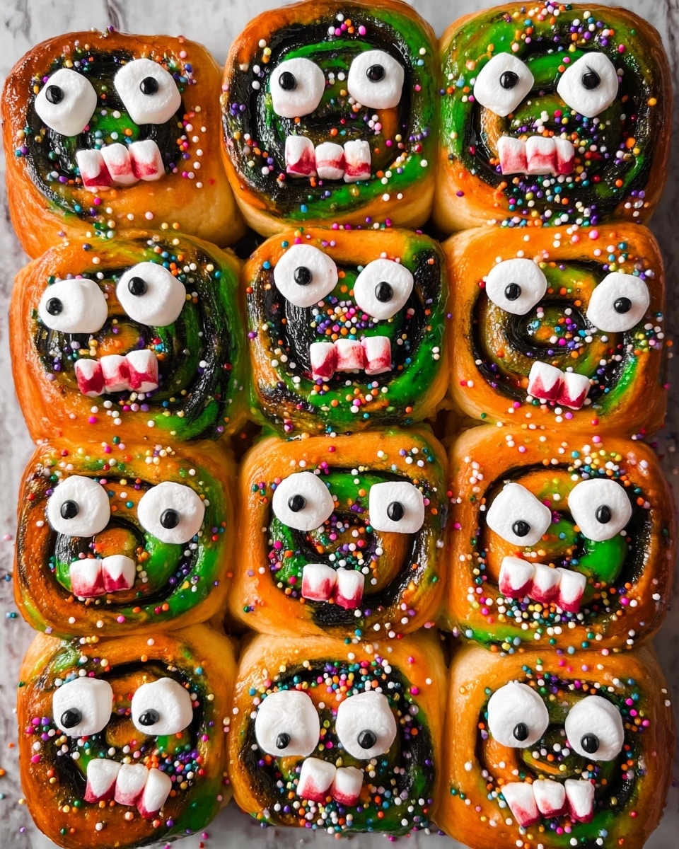 The image shows twelve small square rolls arranged in a 3 by 4 grid with a marbled orange, green, and black swirl pattern on top. Each roll has two white candy eyes positioned near the center and five small white marshmallows with red marks that look like teeth, placed at the front edge to create a funny face. Multicolored small sprinkles are scattered across the rolls. The rolls appear soft and glossy, with clear separation between each piece. The background surface is a white marbled texture. photo taken with an iphone --ar 4:5 --v 7