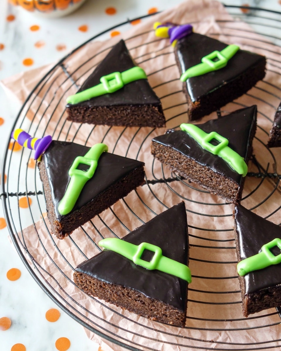 The image shows four triangular slices of dark brown cake on a round wire rack above a light pink crumpled paper. Each slice has a smooth, shiny black icing layer on top, shaped to fit the triangle. On top of the icing, there is thin bright green icing detail that looks like a witch hat's band, with a small square in the middle. Two of the slices have a white and green striped stick inserted at the pointed end, serving as the hat's handle. One slice also has a small black icing decoration resembling spider legs near the top point. The background surface is a white marbled texture. photo taken with an iphone --ar 4:5 --v 7