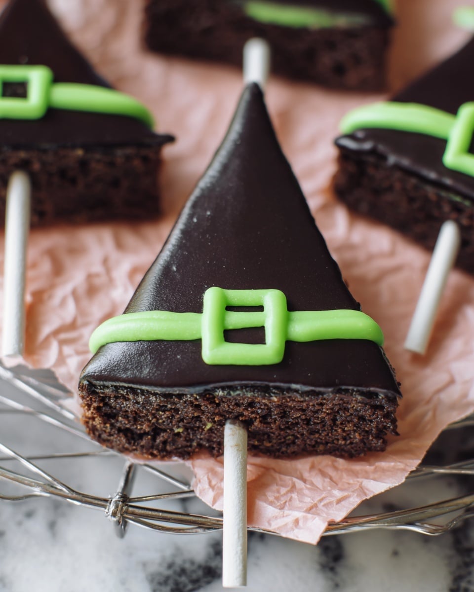 This image shows a triangular chocolate brownie pop on a white stick with green and white stripes. The brownie has two layers: a dark brown base layer with a rough texture and a shiny black frosting layer on top. The frosting is decorated with a green icing line near the bottom of the triangle and a small green square in the center of the line, resembling a witch hat. The background is a white marbled surface with other similar brownie pops blurred out. Photo taken with an iphone --ar 4:5 --v 7
