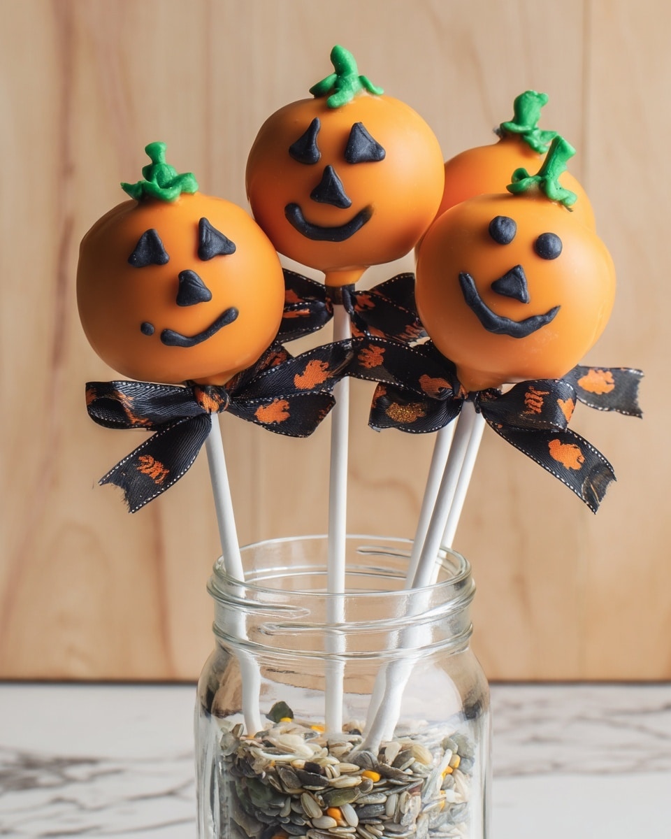 The image shows four round cake pops decorated like small orange pumpkins with green stems on top. Each cake pop has a smiling face drawn with black icing, featuring triangle eyes and nose, and curved mouths. They are each mounted on white sticks tied with black ribbons that have orange Halloween patterns or plain black ribbons. These cake pops are placed upright inside a clear glass jar filled with mixed rice grains. The background is simple with a light wood look, and the jar with cake pops sits on a white marbled texture surface. photo taken with an iphone --ar 4:5 --v 7