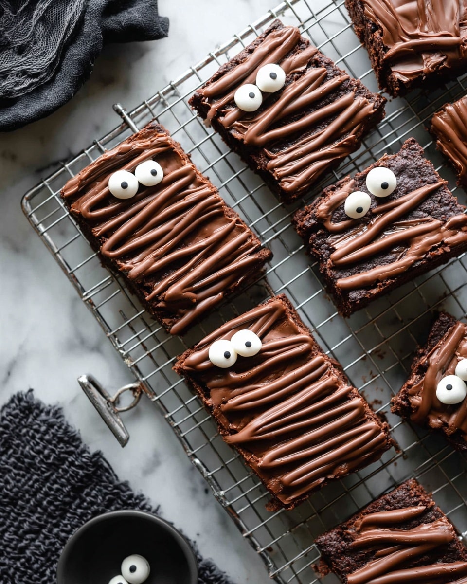 There are several rectangular chocolate brownies on a metal cooling rack, each topped with thick layers of dark, smooth chocolate frosting arranged in wavy stripes across the top. Two of the brownies have two round white candy eyes with black pupils placed near one end, giving them a playful look. The brownies have a rich, moist texture with slightly cracked edges showing beneath the frosting. The background is a white marbled surface with part of a dark mat visible in the corner. photo taken with an iphone --ar 4:5 --v 7