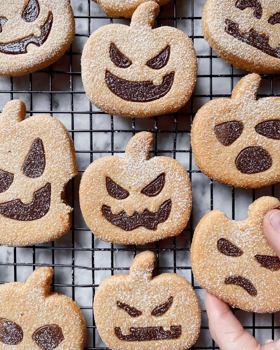 The image shows several pumpkin-shaped cookies arranged on a black wire cooling rack placed on a white marbled surface. Each cookie is light brown with a dusting of powdered sugar, giving them a soft, slightly rough texture. The cookies have carved faces filled with dark chocolate, creating different expressions like happy, angry, and cheeky. One cookie near the bottom right corner is being held by a woman's hand, and it has a bite taken out of the top left side. The overall look is festive and playful. photo taken with an iphone --ar 4:5 --v 7