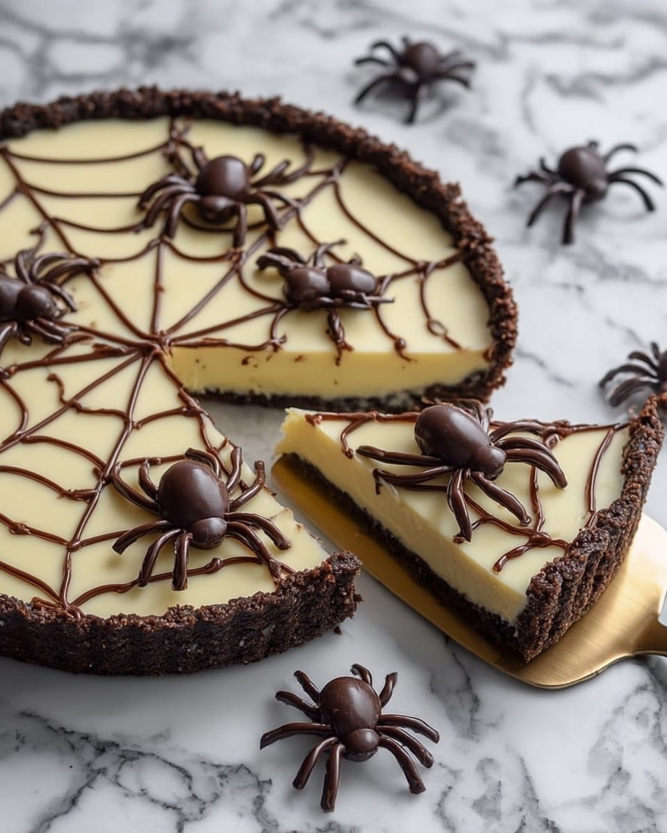 The image shows a tart with three layers: a dark brown crumbly crust forming the outer edge, a smooth creamy light yellow filling in the middle, and a spider web design made with thin chocolate lines spread evenly on top. Three chocolate spiders with round bodies sit on the tart, each with eight thin chocolate legs. A slice is lifted from the tart with a gold pie server, showing the clean layers clearly. Around the tart on a white marbled surface are additional small chocolate spiders with round bodies and thin chocolate legs. Photo taken with an iphone --ar 4:5 --v 7