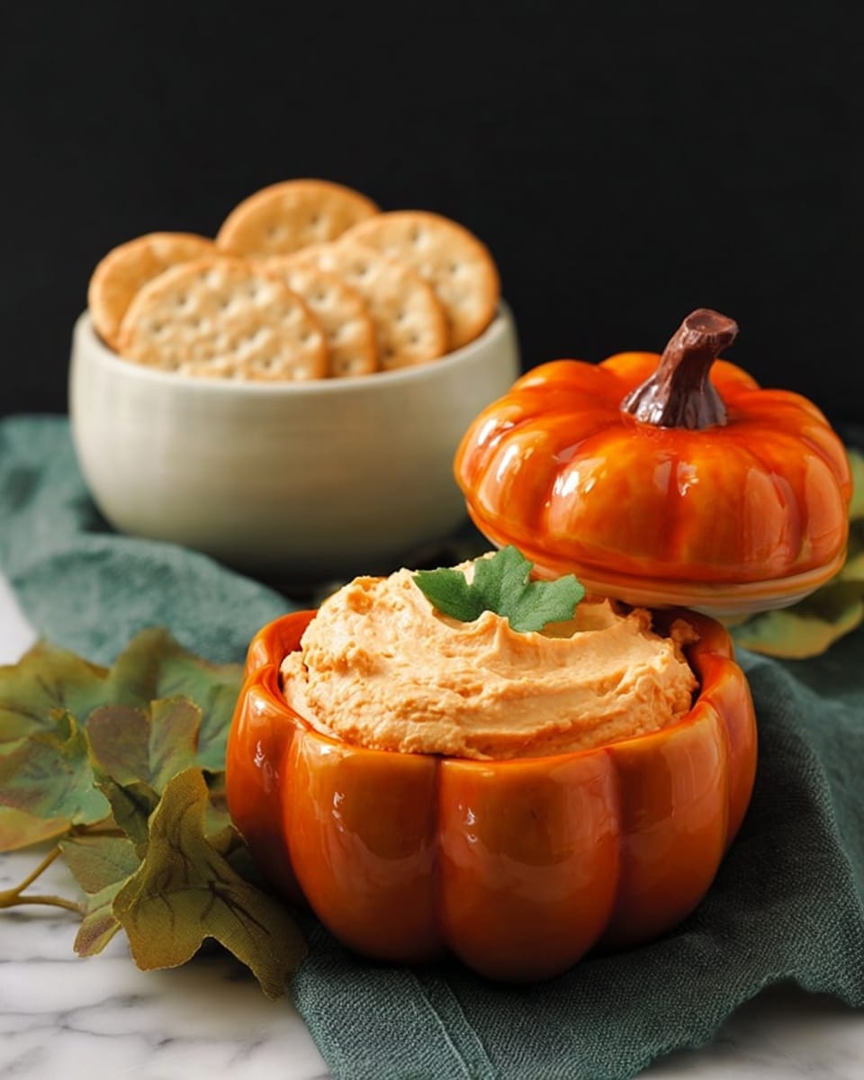 The image shows an orange pumpkin-shaped bowl filled with a light orange creamy dip topped with a small green leaf, placed on a dark green leafy textured cloth on a white marbled surface. Next to the bowl is the matching pumpkin lid tilted to the side, showing its shiny orange surface and brown stem. Behind it, there is a white bowl filled with round crackers, and the background is plain black. The scene looks cozy and autumn-themed. Photo taken with an iphone --ar 4:5 --v 7