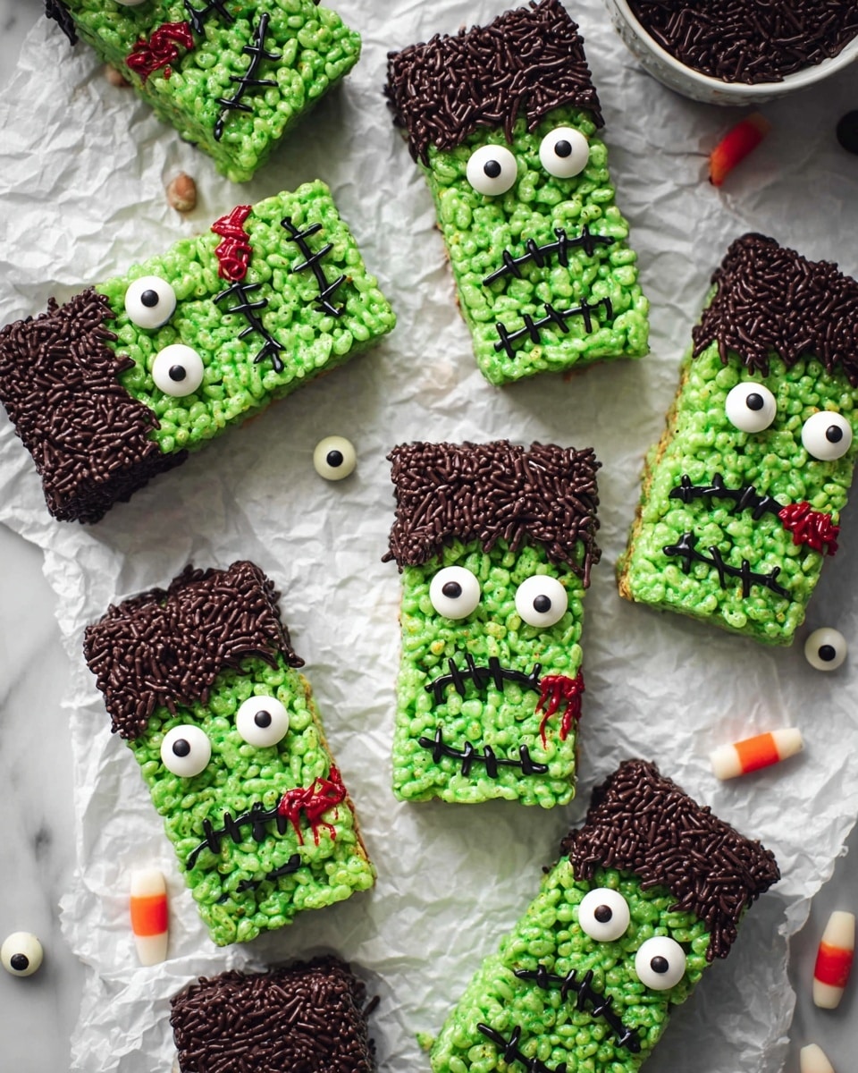 There are ten rectangular green treats arranged in two rows on a dark baking tray lined with white parchment paper over a white marbled surface. Each treat looks like a friendly monster face with a top layer of brown chocolate sprinkles acting as hair, two small white candy eyes, and black icing used to create different smiling or frowning expressions and stitches. Two almond slivers stick out on each side of the green body, resembling arms. A woman's hand holding a small tube of red and white decorating icing is adding red details to one monster’s head, making it look like a small wound. The overall feel is playful and colorful. Photo taken with an iphone --ar 4:5 --v 7