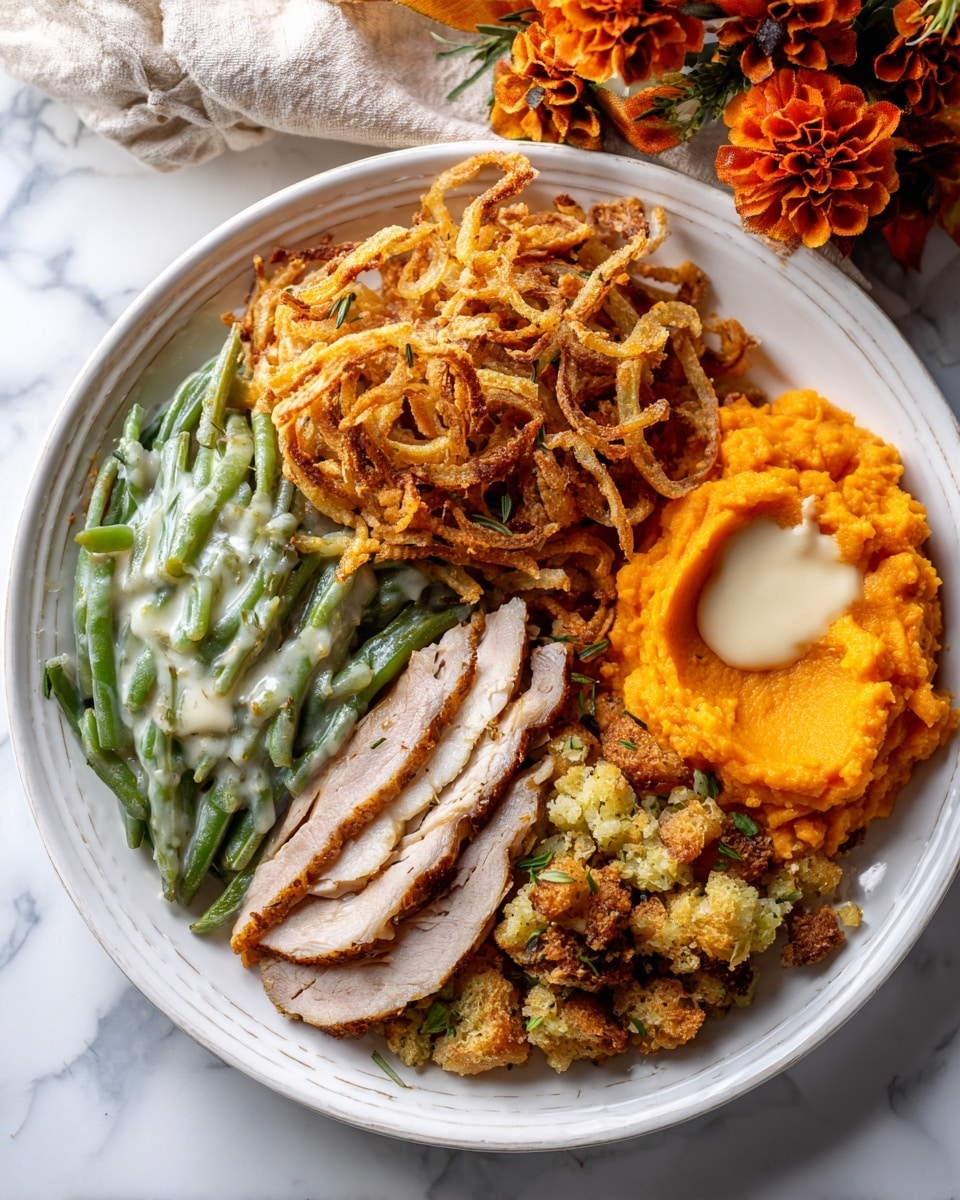 A white round plate sits on a white marbled surface, divided into three sections with different foods. The top left section has a creamy green bean casserole topped with crunchy golden fried onion strings. The top right section holds bright orange mashed sweet potatoes with a dollop of light cream sauce on top. The bottom section contains two slices of light brown roasted meat placed on a bed of chunky, soft stuffing mixed with green celery pieces. The scene includes a silver fork on the right and part of another white plate with more food on the upper left, with fall decoration in the background. Photo taken with an iphone --ar 4:5 --v 7