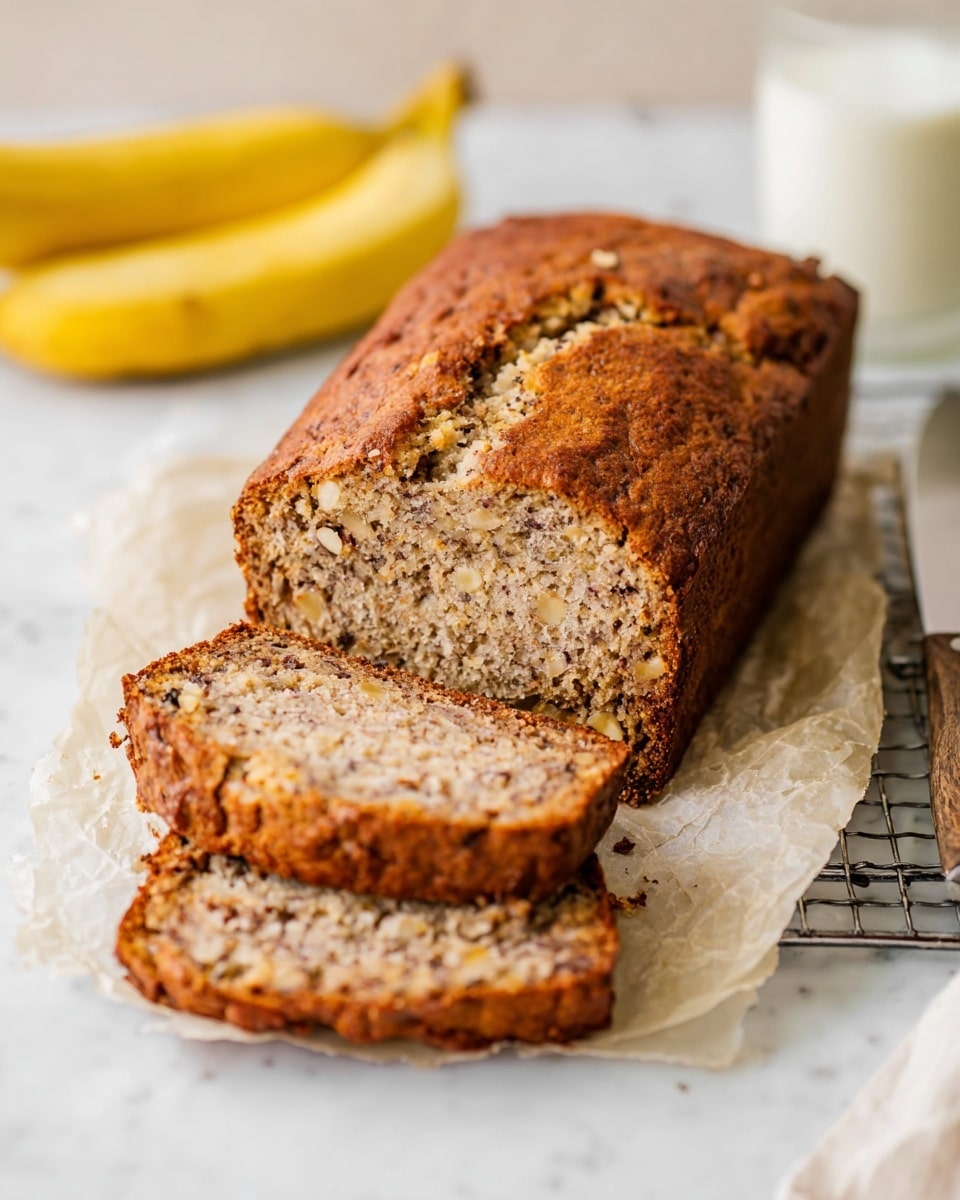 A loaf of banana bread with a golden brown crust sits on a piece of parchment paper on a white marbled surface. It is partially sliced, showing three thick slices in front of the loaf that reveal a moist, dense texture filled with small bits of banana and nuts inside. Two whole bananas are placed in the background on the left side, and a glass of milk is visible blurred on the right side. A metal cooling rack lies under the loaf with a knife resting nearby. The photo is taken with an iphone --ar 4:5 --v 7
