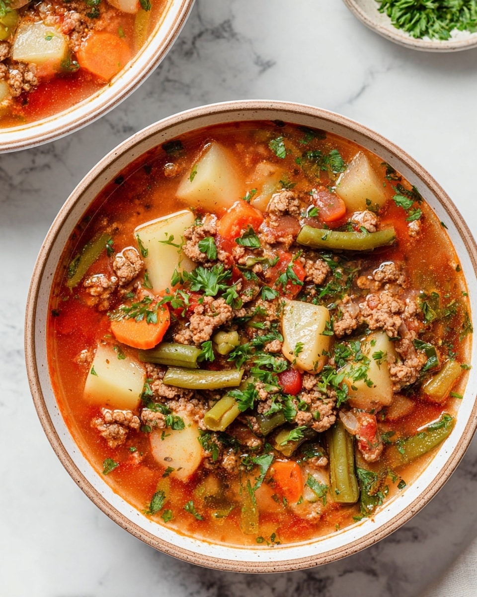 The dish is a bowl of vegetable and meat soup with many layers. The base is a red, watery broth that fills the bowl. Inside, there are small chunks of light brown potatoes, orange carrots, green beans, and pieces of cooked brown ground meat spread throughout. At the top, fresh green parsley is sprinkled for garnish, adding a touch of brightness. The bowl is white with a light brown rim, sitting on a white marbled surface. Another bowl with the same soup is partially visible in the background. Photo taken with an iphone --ar 4:5 --v 7