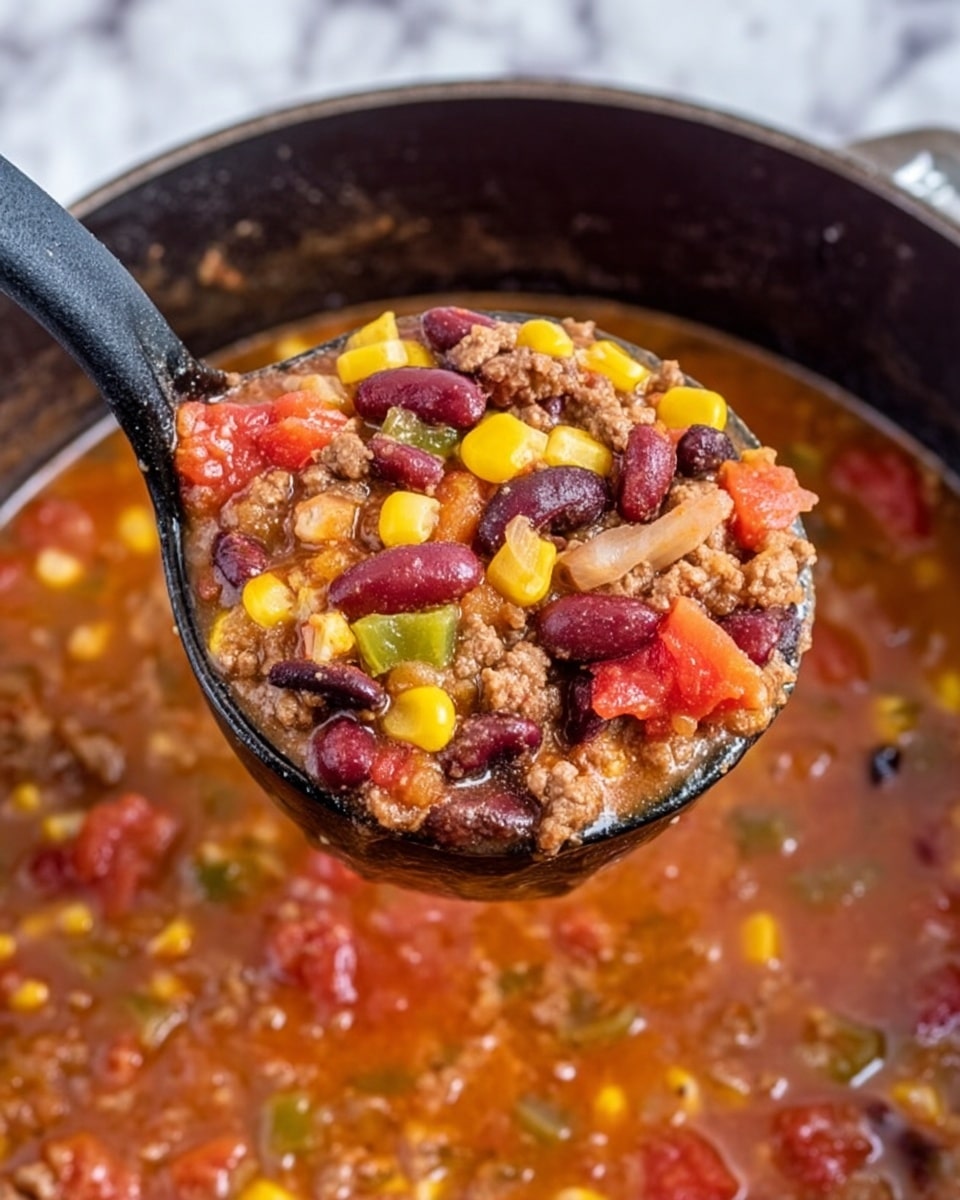 The image shows a black ladle holding a colorful stew above a pot. The stew has three layers of ingredients: the top layer is yellow corn kernels and light brown beans, mixed with soft, light brown ground meat pieces; the middle layer consists of dark red beans and small chopped translucent onion pieces; the bottom layer has bright red tomato chunks with hints of green pieces, all mixed in a reddish-brown broth. The ladle is in focus, while the pot below shows the same three layers blending together on a white marbled surface. Photo taken with an iphone --ar 4:5 --v 7