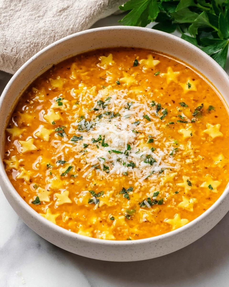 The image shows a close-up of a wooden spoon filled with small star-shaped pasta in a thick orange-yellow soup. The soup has a smooth texture with bits of grated white cheese scattered on top. There are small green herb pieces sprinkled throughout the soup, adding contrast. The background surface has a white marbled texture. Photo taken with an iphone --ar 4:5 --v 7