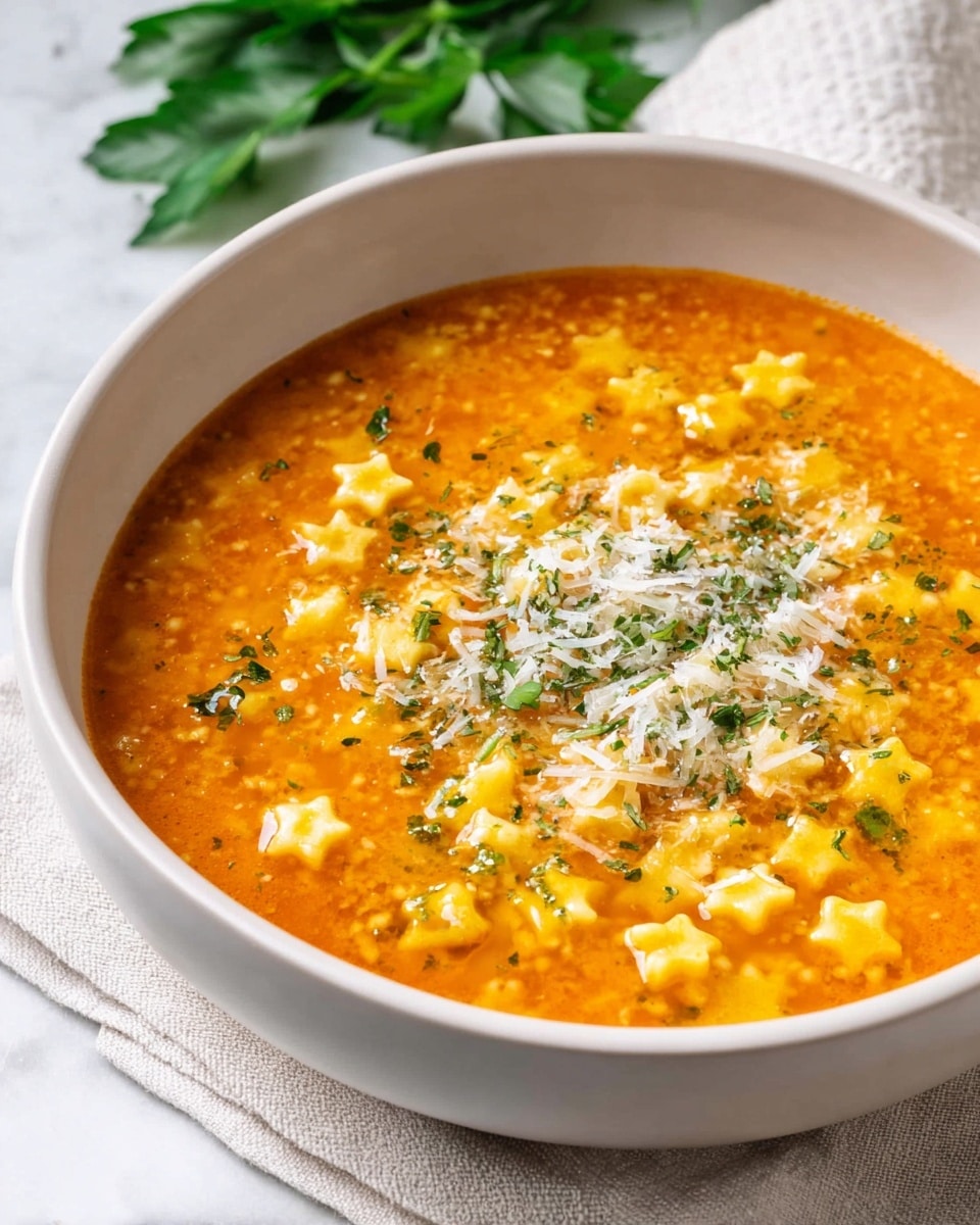 The image shows a close-up of a white bowl filled with bright orange soup that has small star-shaped pasta floating throughout. The soup has a smooth liquid texture with some thicker bits of pasta creating small clusters. On top, there is a sprinkle of finely shredded white cheese and small pieces of green herbs evenly scattered, adding a touch of color contrast. The bowl is placed on a white marbled surface with a soft cloth and a leafy green herb in the background. Photo taken with an iphone --ar 4:5 --v 7