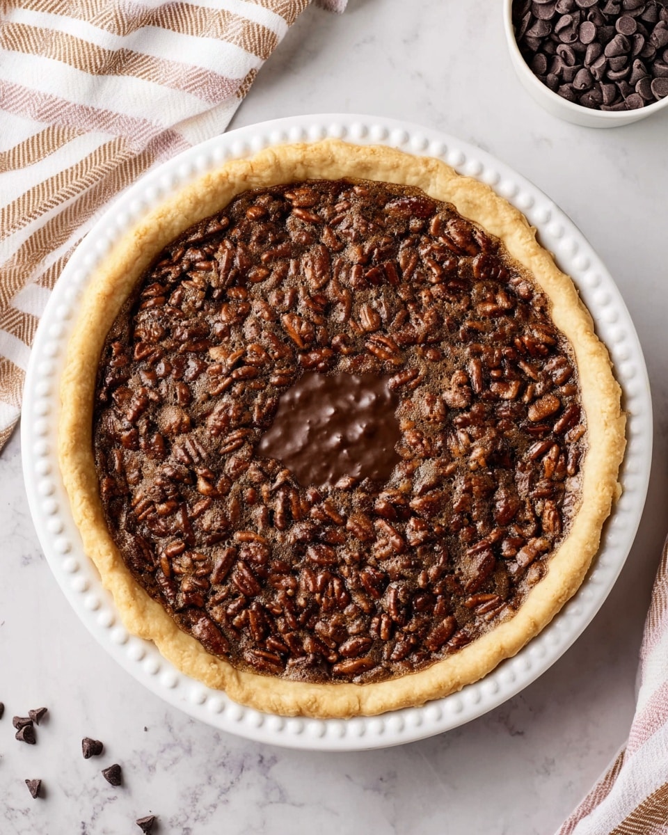 A round pecan pie with a light golden crust sits in a white plate with raised dot details around the edge. The pie filling is dark brown and glossy, covered with whole pecans spread mostly around the edges, creating a textured, nutty ring, while the center has a smooth, shiny chocolate-like top layer. The plate is placed on a white marbled surface, with a striped cloth in beige and white at the top left corner and a white bowl filled with dark chocolate chips on the top right. Photo taken with an iphone --ar 4:5 --v 7