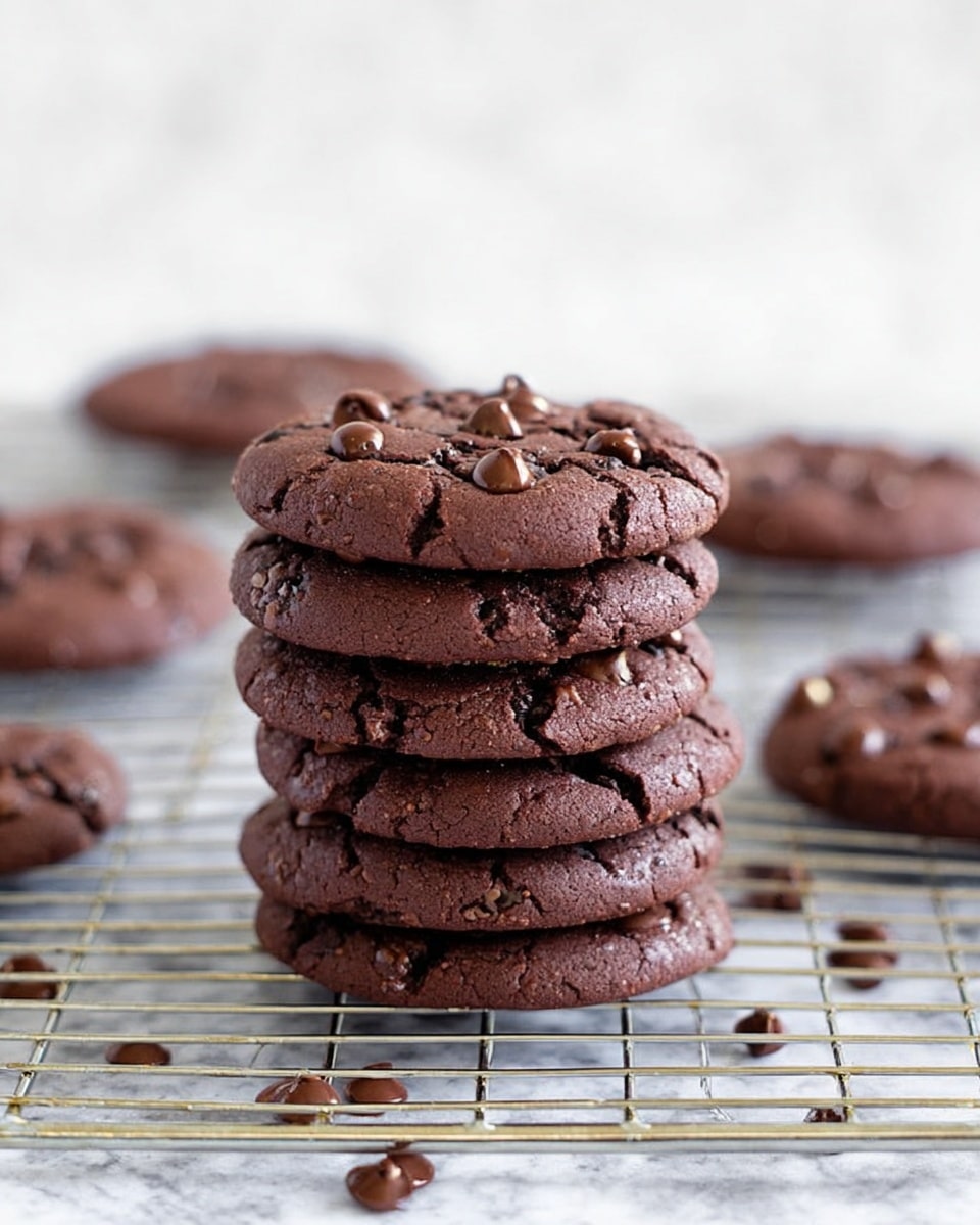 A stack of five dark brown chocolate cookies with visible shiny chocolate chips sits in the center on a silver wire cooling rack, with more cookies scattered on the white marbled surface around it. Each cookie has a slightly cracked top texture with some small chocolate chips embedded on the surface, showing a soft but firm consistency. The background is softly blurred with a light, creamy shape, possibly a glass of milk. The scene is lit with natural bright light. Photo taken with an iphone --ar 4:5 --v 7
