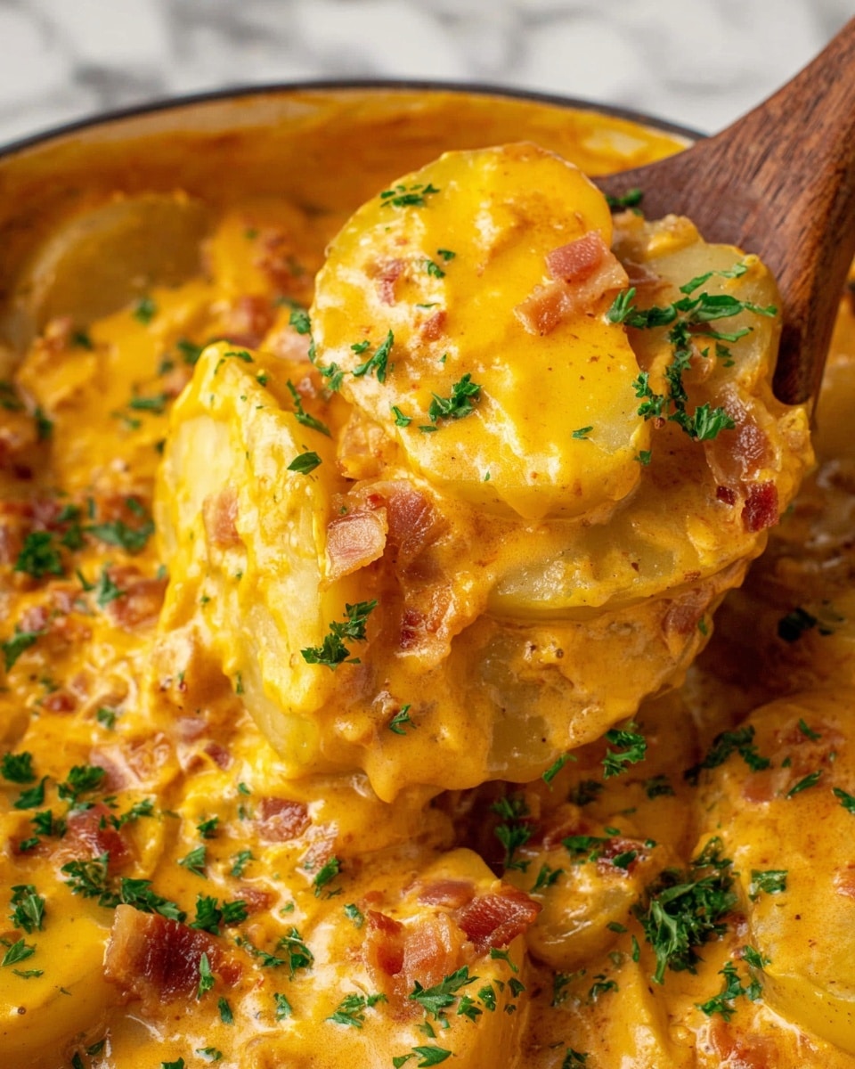 This close-up image shows a wooden spoon lifting thick slices of yellow potatoes layered and covered with a rich, creamy bright orange cheese sauce speckled with small bacon pieces. Green parsley leaves are scattered on top, adding a fresh contrast. The creamy cheese sauce surrounds the potato slices, making the dish look warm and comforting. The background is a white marbled texture. Photo taken with an iphone --ar 4:5 --v 7