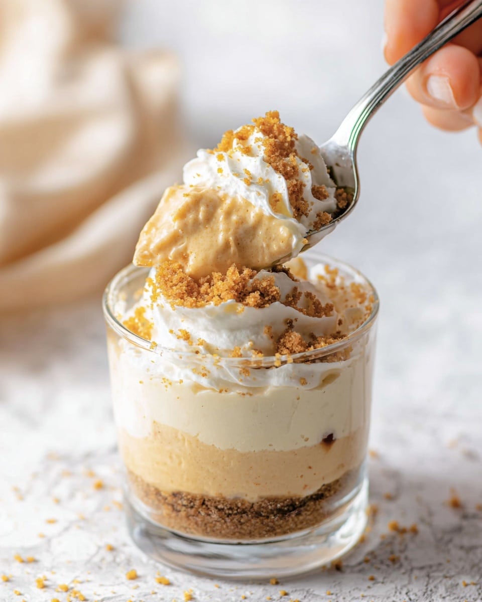 This image shows a clear glass cup with three visible layers. The bottom layer is a crumbly light brown crust. The middle layer is a creamy beige filling with small dark specs. The top layer is white whipped cream with some more of the crumbly crust sprinkled on it. A woman's hand holds a silver spoon scooping from the top, showing all three layers mixed together. The background has a white marbled texture. Photo taken with an iphone --ar 4:5 --v 7