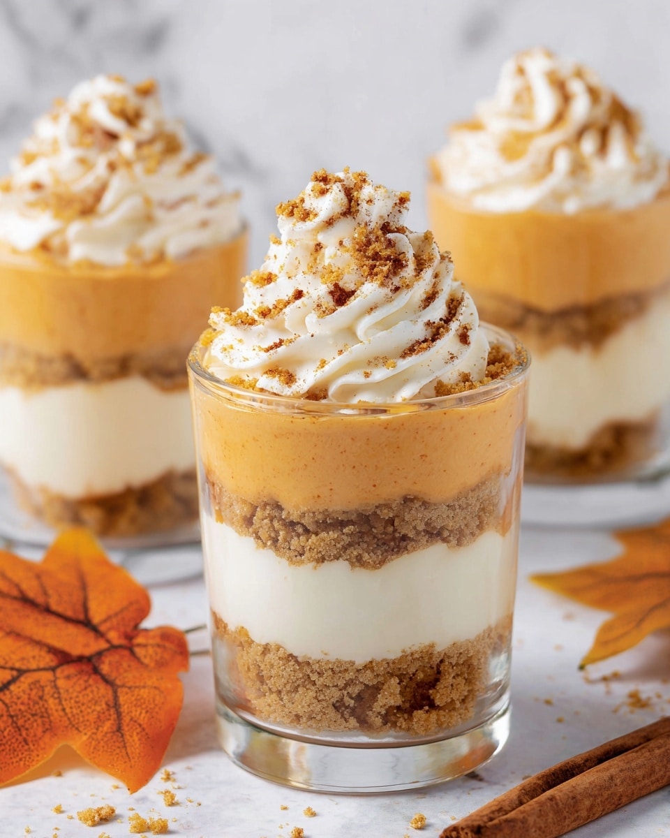 There are three clear glass cups filled with a layered dessert placed on a white marbled surface. Each cup has four visible layers: the bottom layer is a crumbly, light brown crust, followed by a thick creamy orange layer, then another crumbly light brown layer, and topped again with a thick creamy orange layer. On top of the dessert is a tall swirl of white whipped cream with scattered brown crumbs sprinkled over it. A few cinnamon sticks and an autumn leaf lay nearby. photo taken with an iphone --ar 4:5 --v 7