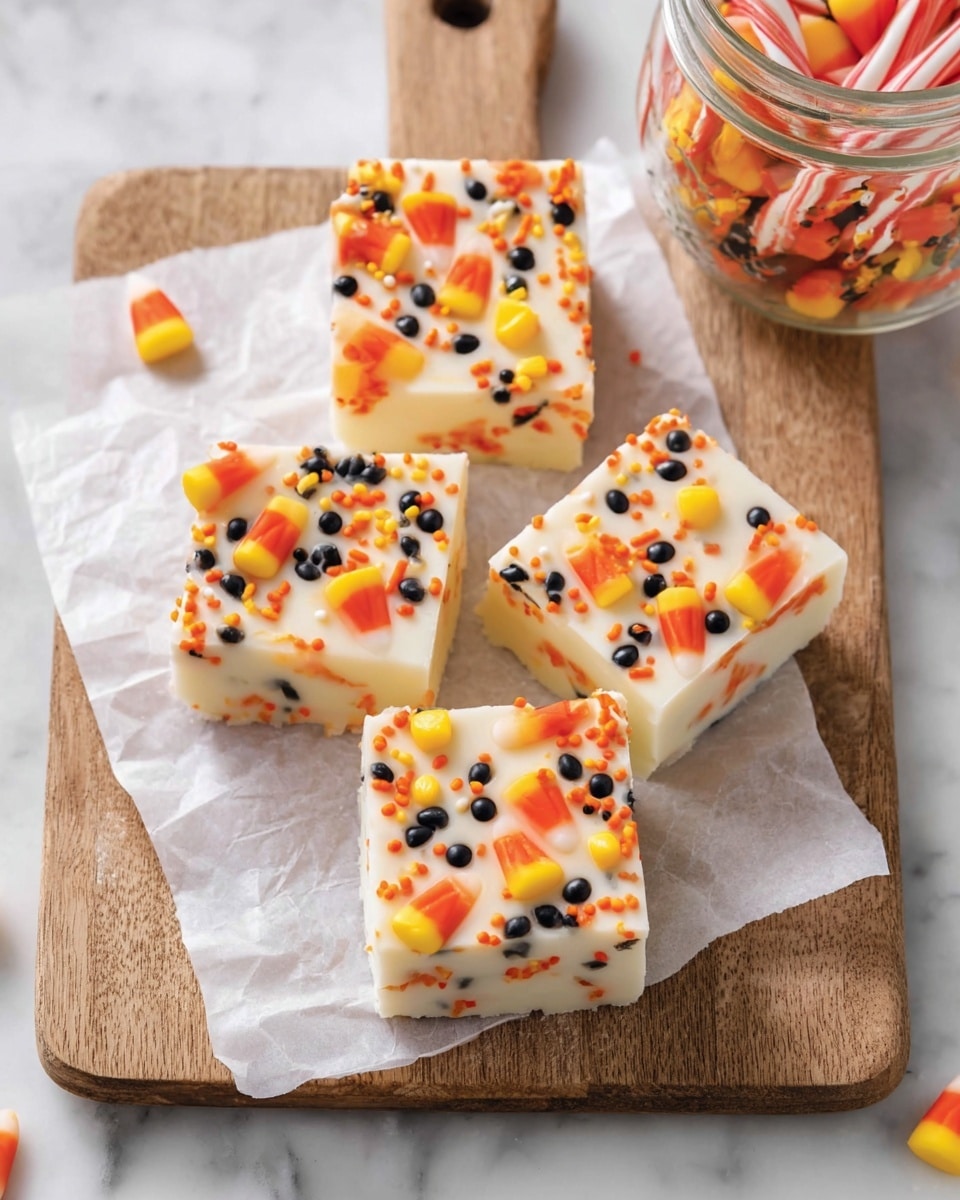 The image shows four square pieces of white fudge resting on a piece of parchment paper on a wooden board. Each fudge piece is topped with colorful candy corn pieces and sprinkles in orange, black, and white. The candy corns have distinct orange, yellow, and white layers, scattered evenly. The sprinkles include small round balls and tiny rods, spread across the fudge surface, giving a festive look. The wooden board is placed on a white marbled surface, and a jar with candy canes is partially visible nearby. Photo taken with an iphone --ar 4:5 --v 7
