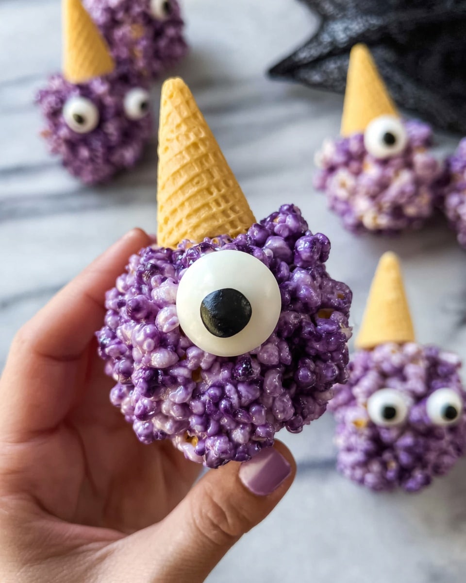 The image shows a close-up of a round snack made from purple popcorn held by a woman's hand, shaped like a small monster face. The purple popcorn forms the main round layer, with a textured appearance. On top of this layer, a single large white candy eye with a black dot is placed in the center to create the monster's eye. A small yellow ice cream cone is pushed into the top side of the popcorn ball, forming the monster's horn. In the background, similar popcorn monster snacks are slightly blurred, all on a white marbled surface. Photo taken with an iphone --ar 4:5 --v 7