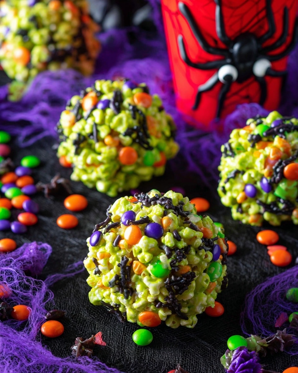 The image shows round popcorn balls covered in a bright green coating mixed with colorful small round candy pieces in orange and green, and topped with purple, black, and green sprinkles scattered all over the surface. The popcorn balls are placed on a dark surface decorated with purple netting and surrounded by loose candy pieces matching those on the balls. In the background, there is a red Halloween-themed cup with black bat and spider web designs. A black spider-shaped decoration with white eyes is partially visible behind the popcorn balls. Photo taken with an iphone --ar 4:5 --v 7