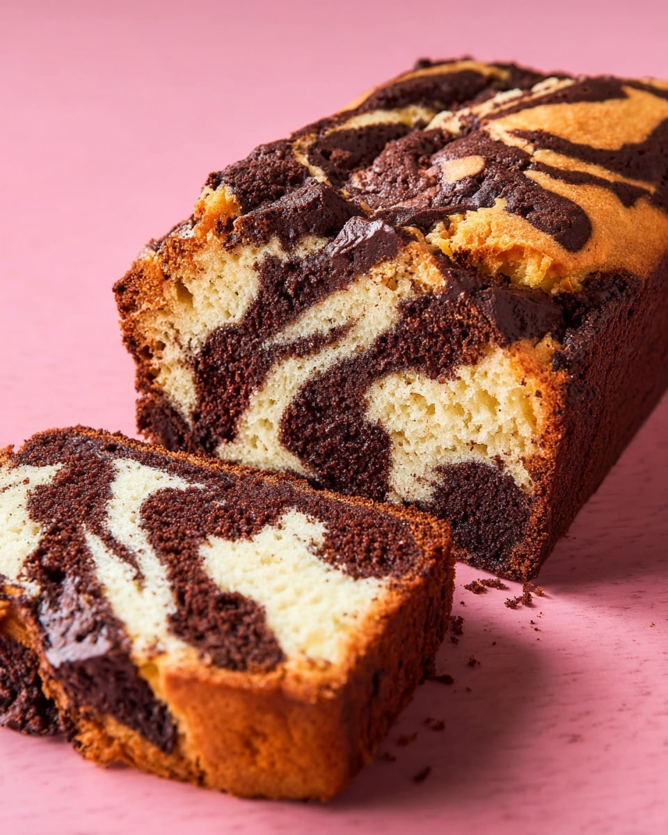 A loaf of marble cake with one slice taken out is shown on a white marbled surface with a pink background. The cake has two main layers twisted inside each other: a light tan vanilla layer and a dark brown chocolate layer, creating a swirling pattern inside. The top crust is golden brown with dark chocolate shapes scattered unevenly across its surface. The texture of the cake looks soft and moist with a slightly cracked top crust. The slice in front clearly shows the swirl design inside the cake, matching the pattern of the loaf behind it. Photo taken with an iphone --ar 4:5 --v 7
