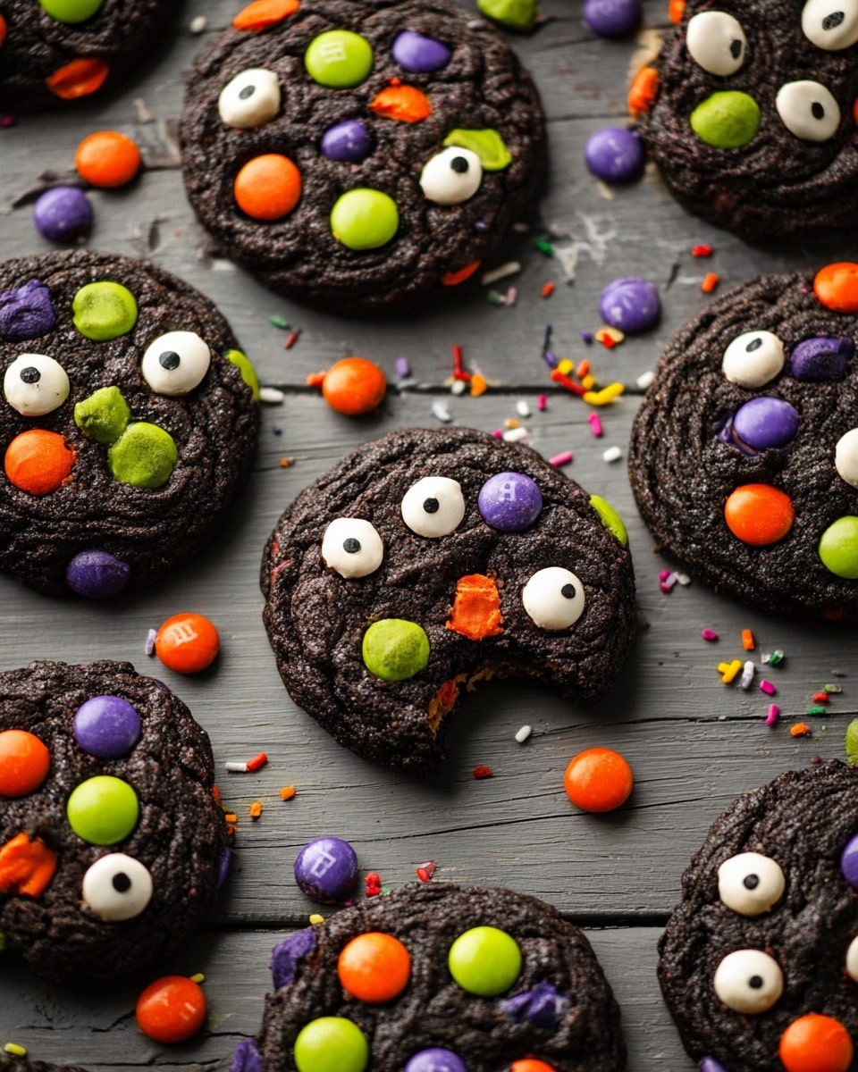 The image shows many round dark chocolate cookies scattered on a wooden surface, each cookie with colorful candy pieces in orange, green, purple, and white embedded on top, some with white candy eyes giving a playful look. The cookies have a rough textured surface, with some candies partially melted or pressed in. Among the cookies, there are loose round candies in bright orange, green, and purple colors, adding contrast to the dark cookies. One cookie has a bite taken out of it, revealing a dense inside. The background is a white marbled texture with small colorful confetti pieces scattered around. photo taken with an iphone --ar 4:5 --v 7
