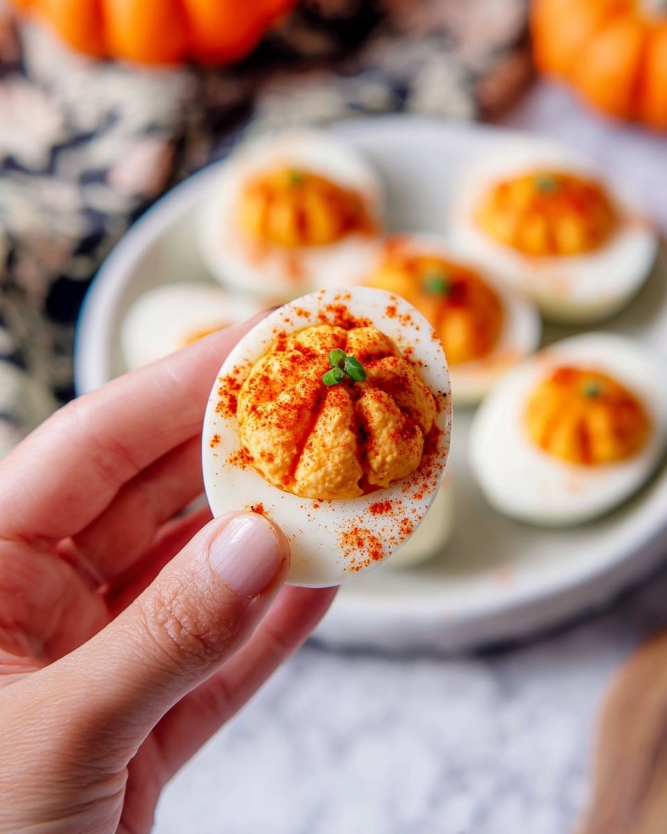 Six deviled egg halves are arranged on a white plate with light orange specks of paprika sprinkled on and around the eggs. Each egg half has a smooth white outer layer of cooked egg white, with a creamy, pale yellow-orange filling in the middle, lightly marked with ridges and dusted with red paprika. Small green chive pieces stand upright in the center of each filling as a garnish. A few long green chive stems lie at the bottom edge of the plate. The plate sits on a white marbled surface. Photo taken with an iphone --ar 4:5 --v 7