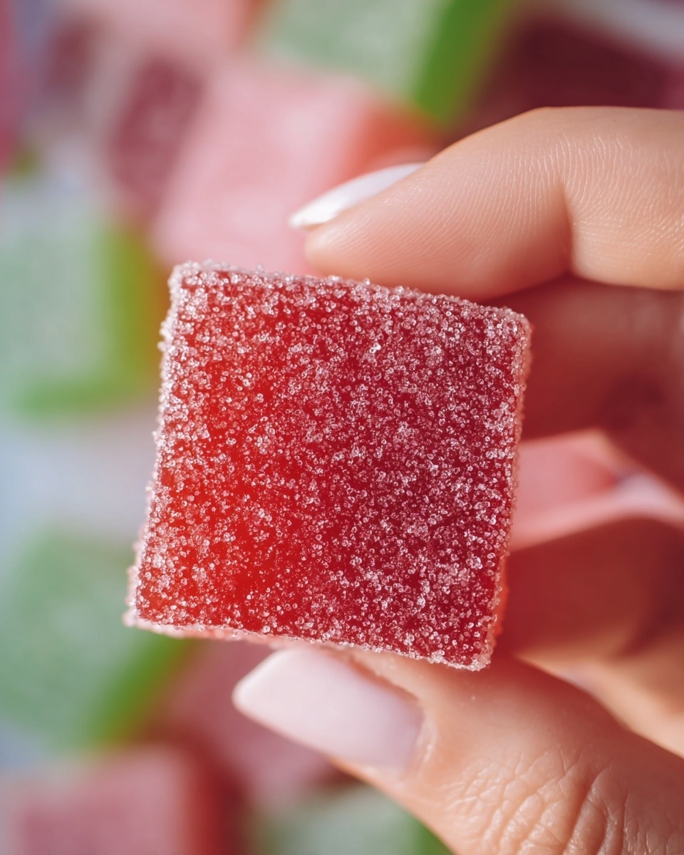 A close-up of a woman's hand holding a single square red jelly candy covered in sugar crystals. The candy shows only one visible color layer, which is a vibrant red with a granular sugar texture on the outside. The background is softly blurred with hints of pink and green colors from other similar candies, but all are out of focus. Photo taken with an iphone --ar 4:5 --v 7