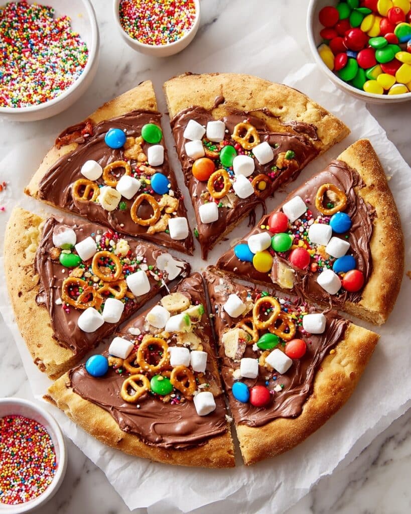 Chocolate Pizza with Nutella, Marshmallows, M&Ms, and Pretzels Recipe