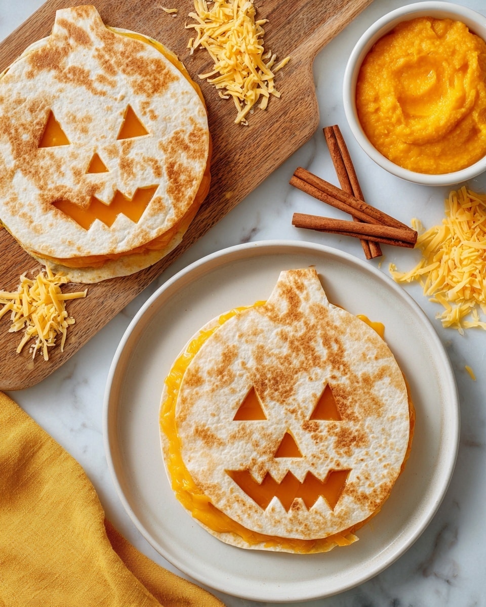 A close-up of a round quesadilla with two layers of light golden toasted tortillas, the top layer has a jack-o'-lantern face cut out showing the bright orange melted filling inside. The quesadilla rests on a white marbled surface, beside a wooden cutting board with cinnamon sticks and a white bowl of orange sauce visible at the top edge. Photo taken with an iphone --ar 4:5 --v 7