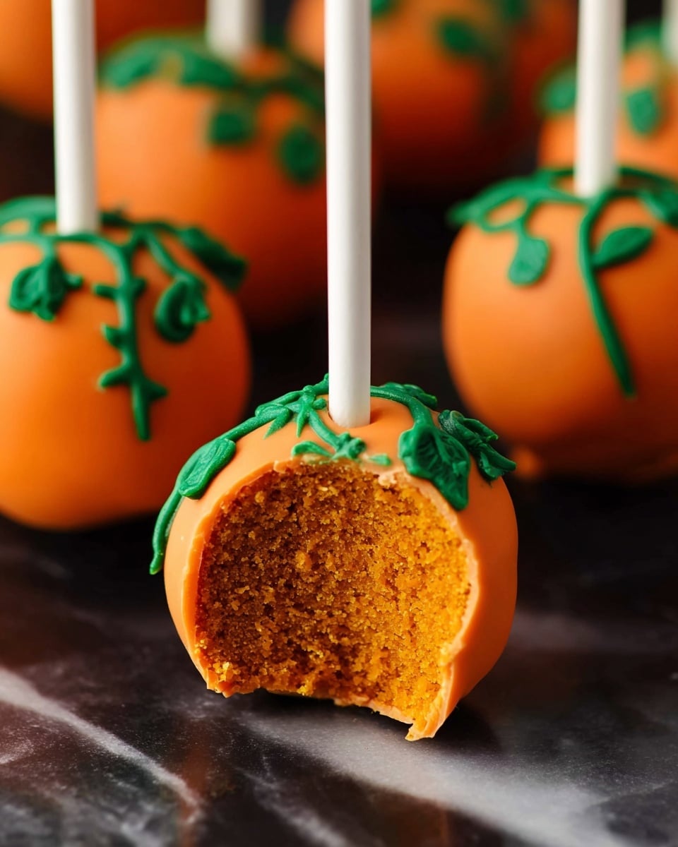 The image shows a close-up of a small ball-shaped dessert on a white stick, with the front ball having a bite taken out. The dessert has three visible layers: a dense, orange-brown cake inside, a smooth orange coating around it, and green icing decoration on top that looks like small vines or leaves where the stick goes in. The dessert balls are round and all have the same orange coating and green icing details. They sit on a dark surface, contrasted by the white marbled background out of focus. Photo taken with an iphone --ar 4:5 --v 7