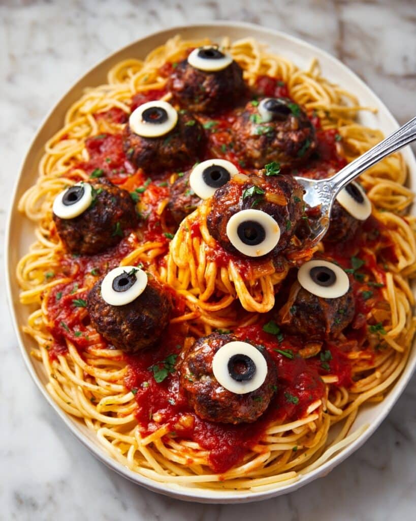 Eyeball Pasta with Meatballs and Olives Recipe