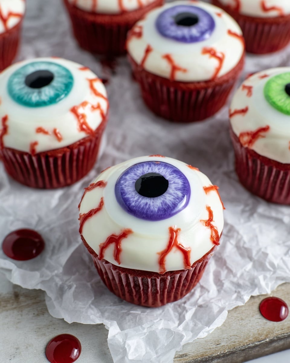 The image shows several red cupcakes with a smooth, white frosting layer on top, designed to look like eyeballs. Each cupcake has a circular colored ring in the center, with colors including purple, blue, and green, representing the iris. In the middle of each ring is a smaller black circle, mimicking the pupil. Red lines made to look like blood vessels spread out from the iris to the egg-white frosting, adding a spooky, eye-like detail. The cupcakes rest on crumpled white paper, all placed on a wooden surface with a white marbled texture in the background. Drops of red syrup are scattered around the cupcakes, enhancing the eerie vibe. photo taken with an iphone --ar 4:5 --v 7