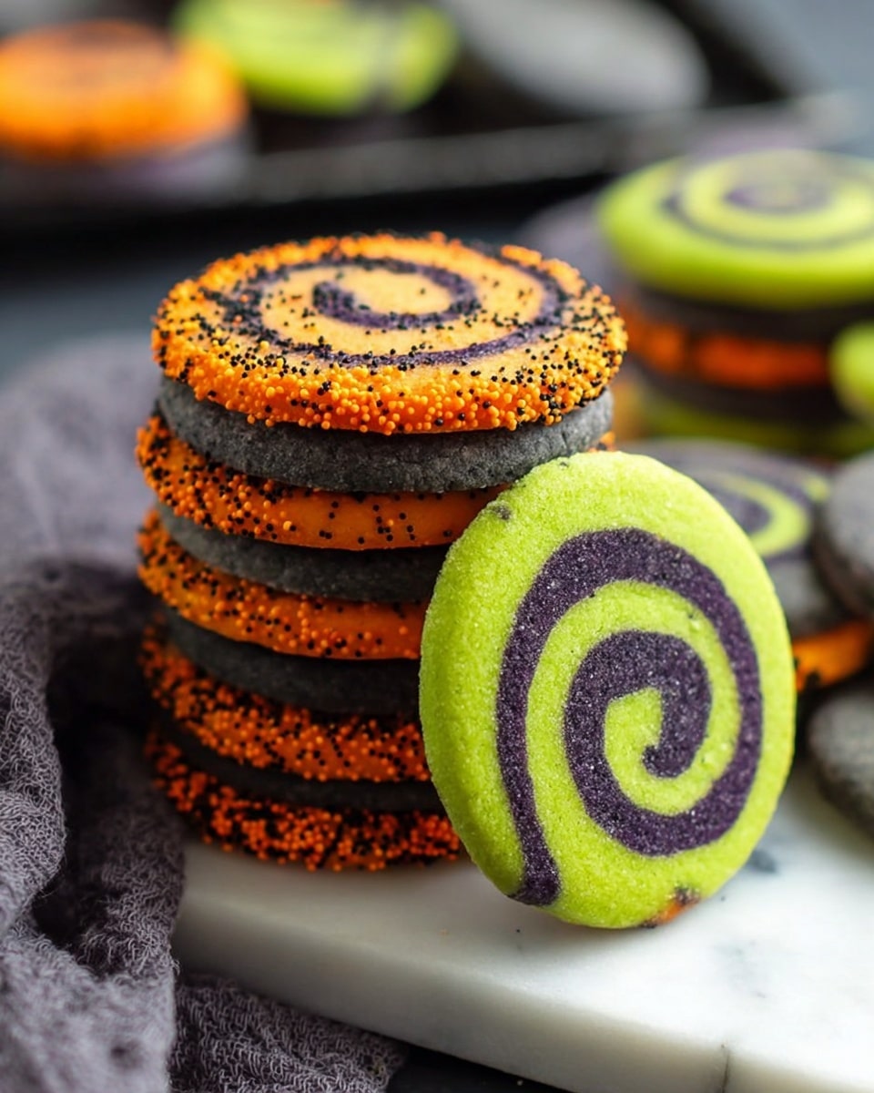 The image shows a close-up of a stack of round swirl cookies on a white marbled surface. The main stack in the center has cookies with two layers: an orange outer layer covered with tiny black and orange sprinkles and a smooth, black swirl layer inside. Around the stack, there are other cookies that each have two layers with swirl patterns, one set is bright green with a dark purple swirl, and another set is dark gray with a bright green swirl. The textures of the cookies look firm but soft, and they are arranged on a dark tray with a soft gray cloth blurred in the background. photo taken with an iphone --ar 4:5 --v 7