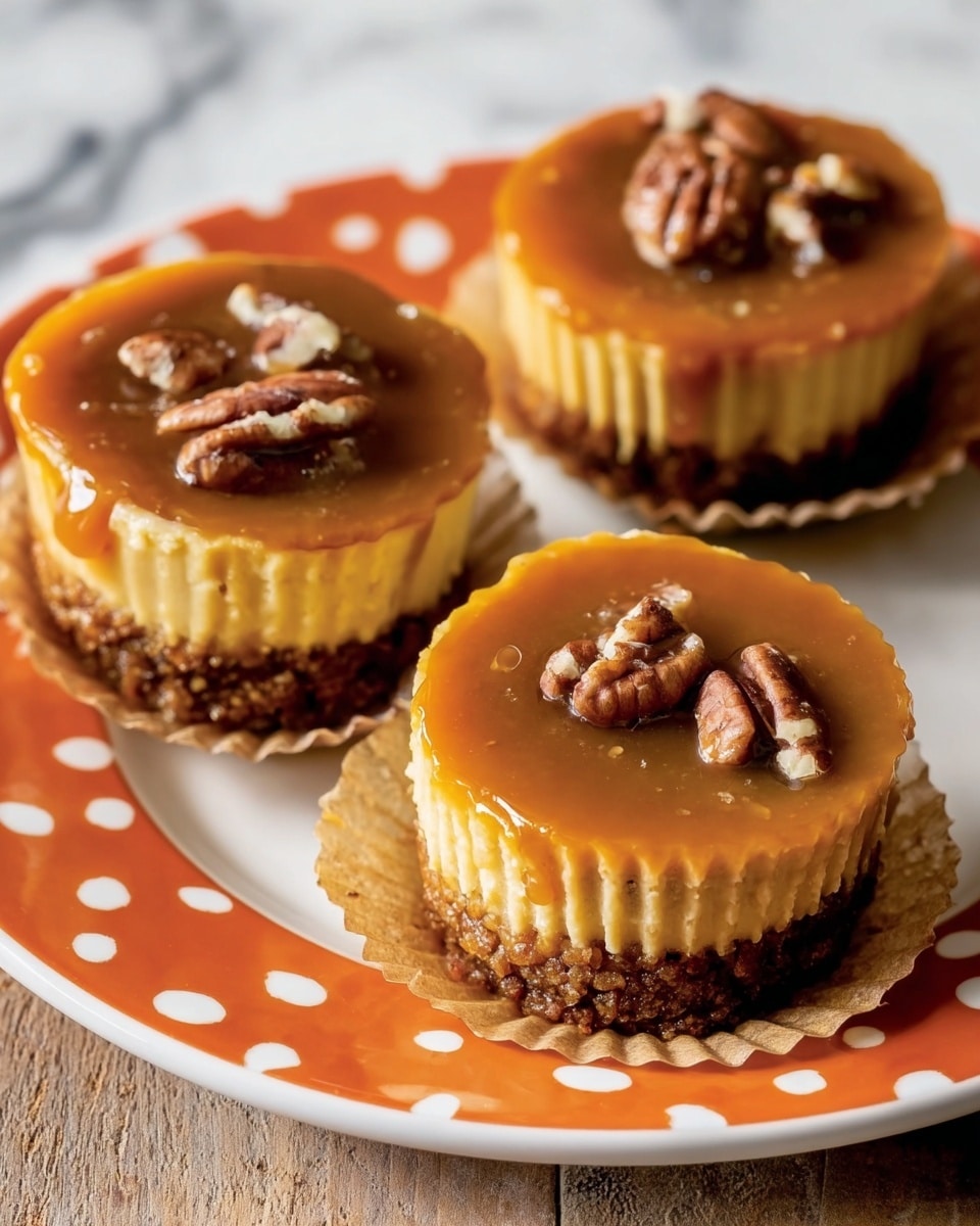 Three small tarts sit on a white polka-dotted orange plate placed on a white marbled surface. Each tart has three layers: a light golden crumbly crust at the bottom, a thick creamy caramel-colored filling as the middle layer, and a glossy caramel glaze on top. The top layer is decorated with small pieces of pecans scattered around. Two tarts are fully visible, while the third one is slightly tilted, showing the creamy filling inside. The tarts rest on light brown paper liners. Photo taken with an iphone --ar 4:5 --v 7