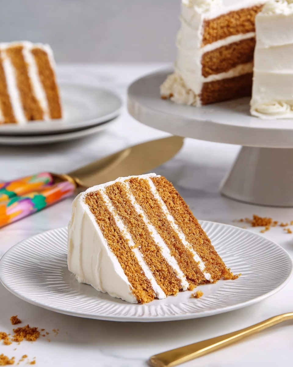 A slice of four-layer cake with light brown sponge cake layers separated by creamy white frosting sits on a white ridged plate, showing a smooth and thick outer layer of white frosting covering the whole slice; in the background, another similar slice rests on a white plate, while part of the remaining cake on a light gray cake stand with blurred edges is visible; the scene is set on a white marbled surface with a golden fork and a colorful cake server nearby, crumbs scattered lightly around the plates photo taken with an iphone --ar 4:5 --v 7