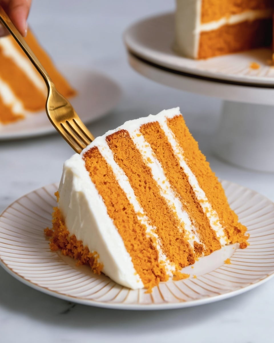 A slice of four-layer orange cake with smooth white cream between each layer sits on a white ridged plate on a white marbled surface. The cake layers have a moist, soft texture, and the white cream is thick and smooth, covering the entire slice including the sides and top. A golden fork is gently pressed into the front right side of the cake slice, held by a woman’s hand. In the background, another slice of the same cake is visible on another white plate, slightly out of focus. The lighting highlights the rich color of the cake and the creamy white frosting. photo taken with an iphone --ar 4:5 --v 7