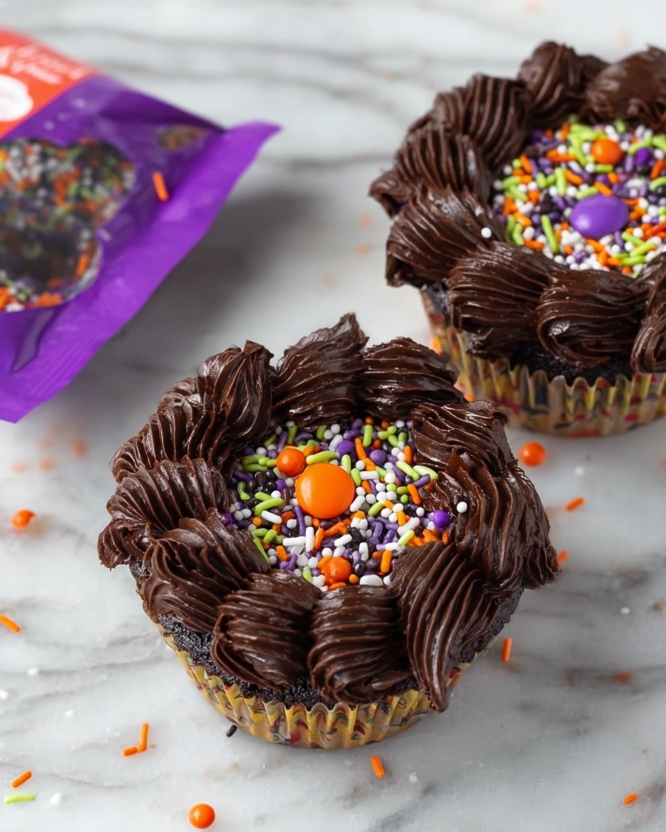 Two cupcakes sit on a white marbled surface, each with a thick layer of dark brown chocolate frosting piped in swirled peaks around the edges. The center of each cupcake is filled with colorful sprinkles in orange, purple, green, white, and black, with a few round orange candy pieces standing out. In the background, a packet of the same type of sprinkles is partially visible. The cupcakes look moist with a smooth and shiny frosting texture. Photo taken with an iphone --ar 4:5 --v 7