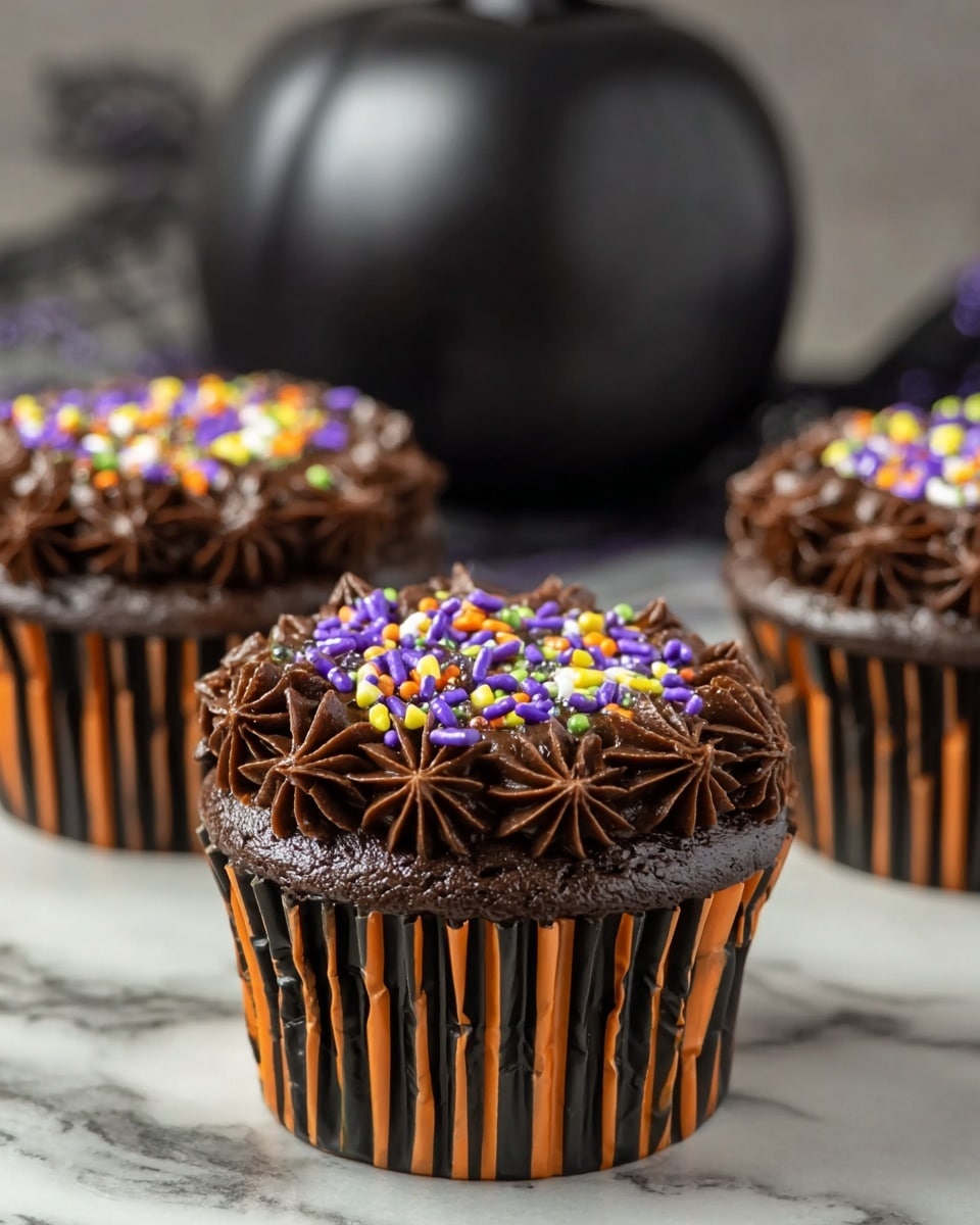 Three chocolate cupcakes are arranged on a white marbled surface, each topped with rich, dark chocolate frosting piped in thick swirls around the edges, forming a decorative ring. Inside this ring, the center of each cupcake is filled with vibrant sprinkles in orange, black, green, purple, and white, adding a festive touch. The cupcake wrappers are striped with orange and black, enhancing the Halloween-like theme. The cupcakes have a moist, dark brown base, and the frosting’s glossy texture shines under the light, giving them a fresh and decadent look. Photo taken with an iphone --ar 4:5 --v 7