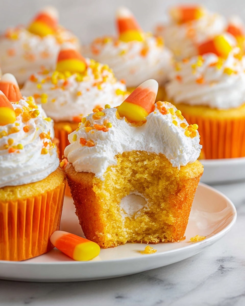 The image shows bright yellow cupcakes with white frosting swirled on top. Each cupcake has a small candy shaped like candy corn on the frosting, and tiny round orange and yellow sprinkles scattered over the frosting. One cupcake in the center has its wrapper peeled back and a bite taken out, revealing a soft yellow cake with flecks of darker orange. The cupcakes sit on a white plate and white marbled surface, with a yellow cloth nearby and some candy corn pieces scattered around. Photo taken with an iphone --ar 4:5 --v 7