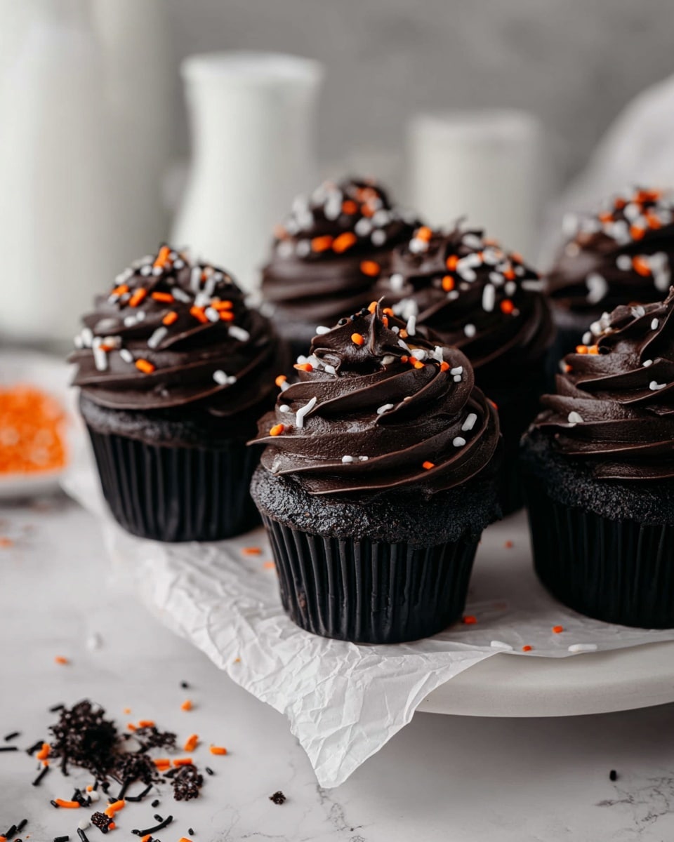 The image shows a close-up of a black chocolate cupcake with two main layers. The bottom layer is a dark, moist chocolate cake with a soft texture. The top layer is a rich, thick black frosting piped in swirls, decorated with small orange, white, and black sprinkles scattered over it. The cupcake is placed on a white plate, on a white marbled surface. In the background, there are blurred glasses filled with milk. photo taken with an iphone --ar 4:5 --v 7