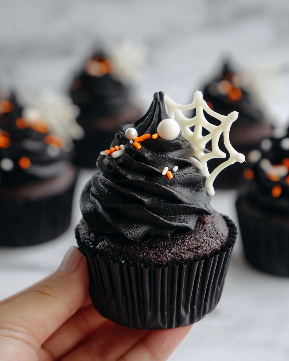 A black chocolate cupcake in a black paper liner is held by a woman's hand. It has two layers: the bottom layer is the dark, fluffy cupcake, and the top layer is thick black frosting piped in tight swirls. The frosting is decorated with small orange and white sprinkles and a single white pearl candy. On top of the frosting, there is a white chocolate decoration shaped like a spider web. In the background, more identical cupcakes are blurred out on a white marbled surface. Photo taken with an iphone --ar 4:5 --v 7
